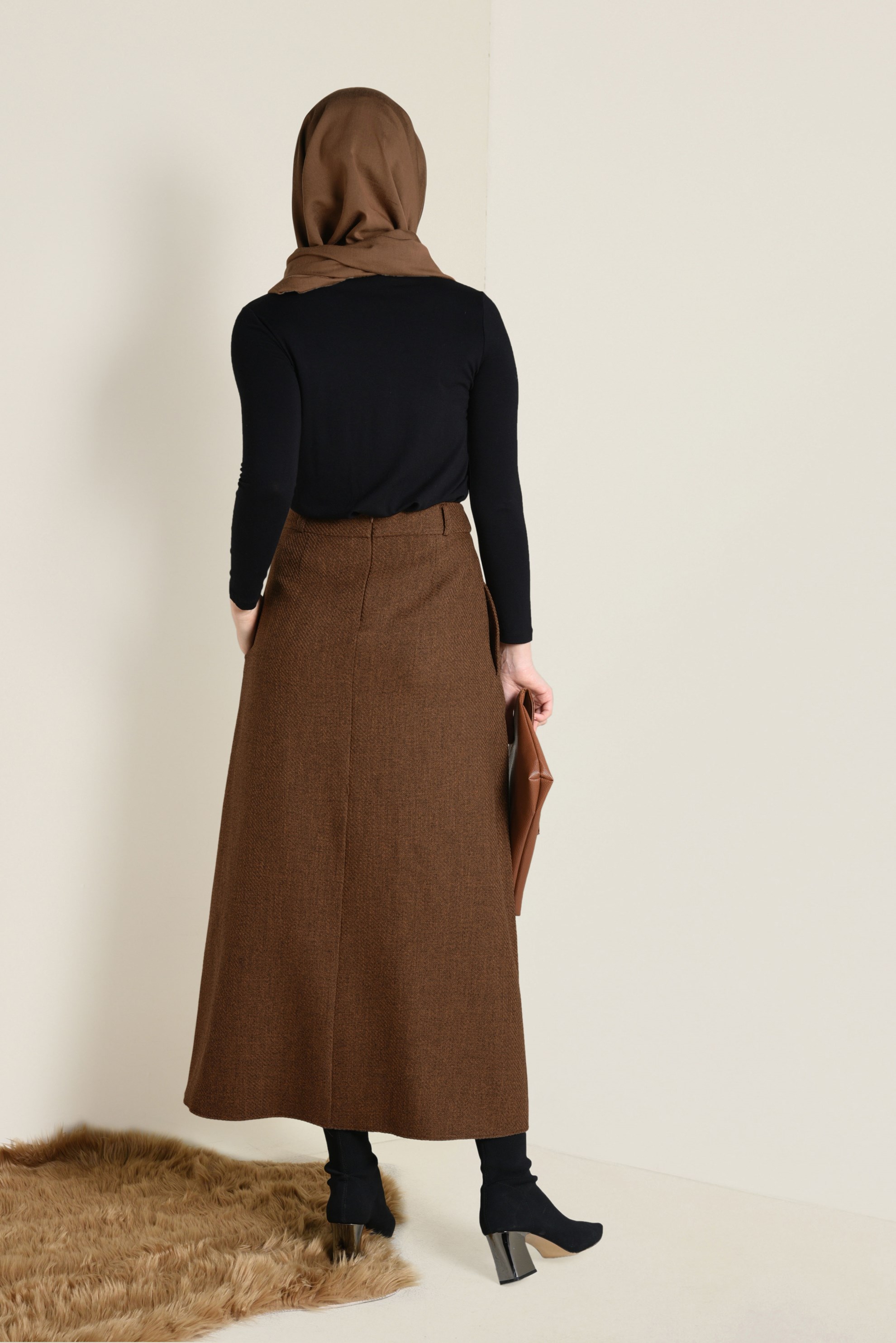 Tesettür giyim TABA YÜKSEK BEL DÜĞMELİ ETEK 6258