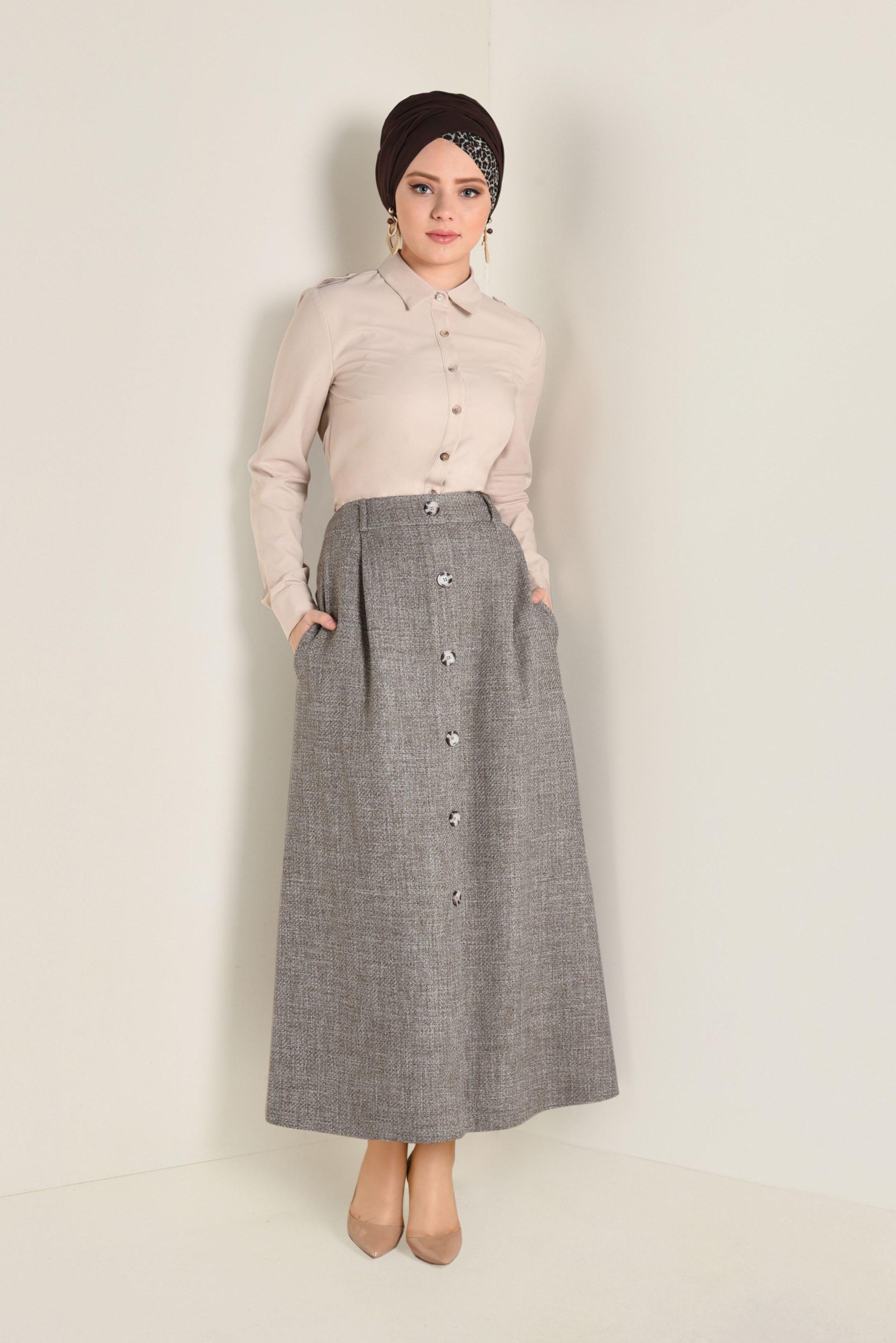 Tesettür giyim VİZON YÜKSEK BEL DÜĞMELİ ETEK 6258