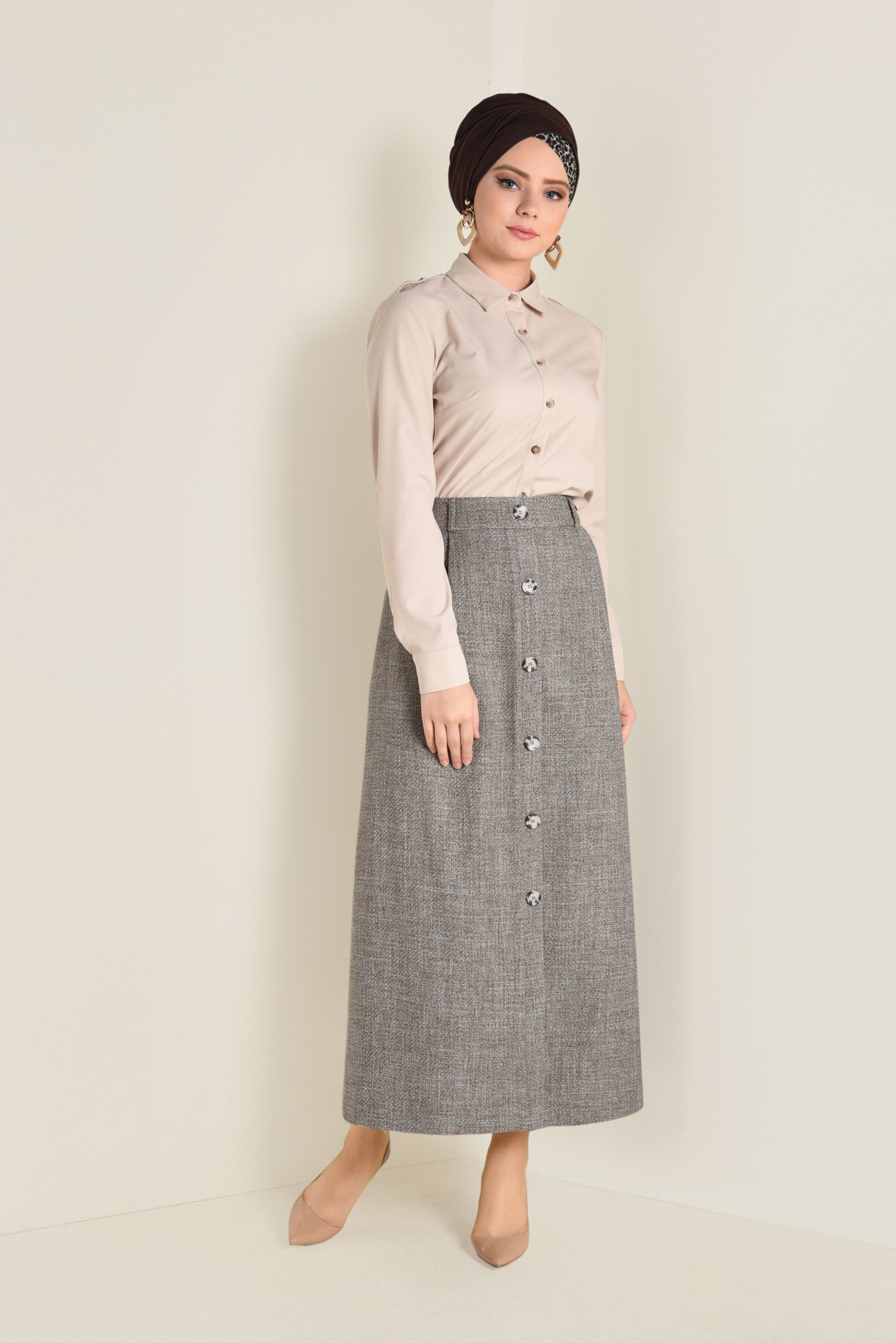 Tesettür giyim VİZON YÜKSEK BEL DÜĞMELİ ETEK 6258