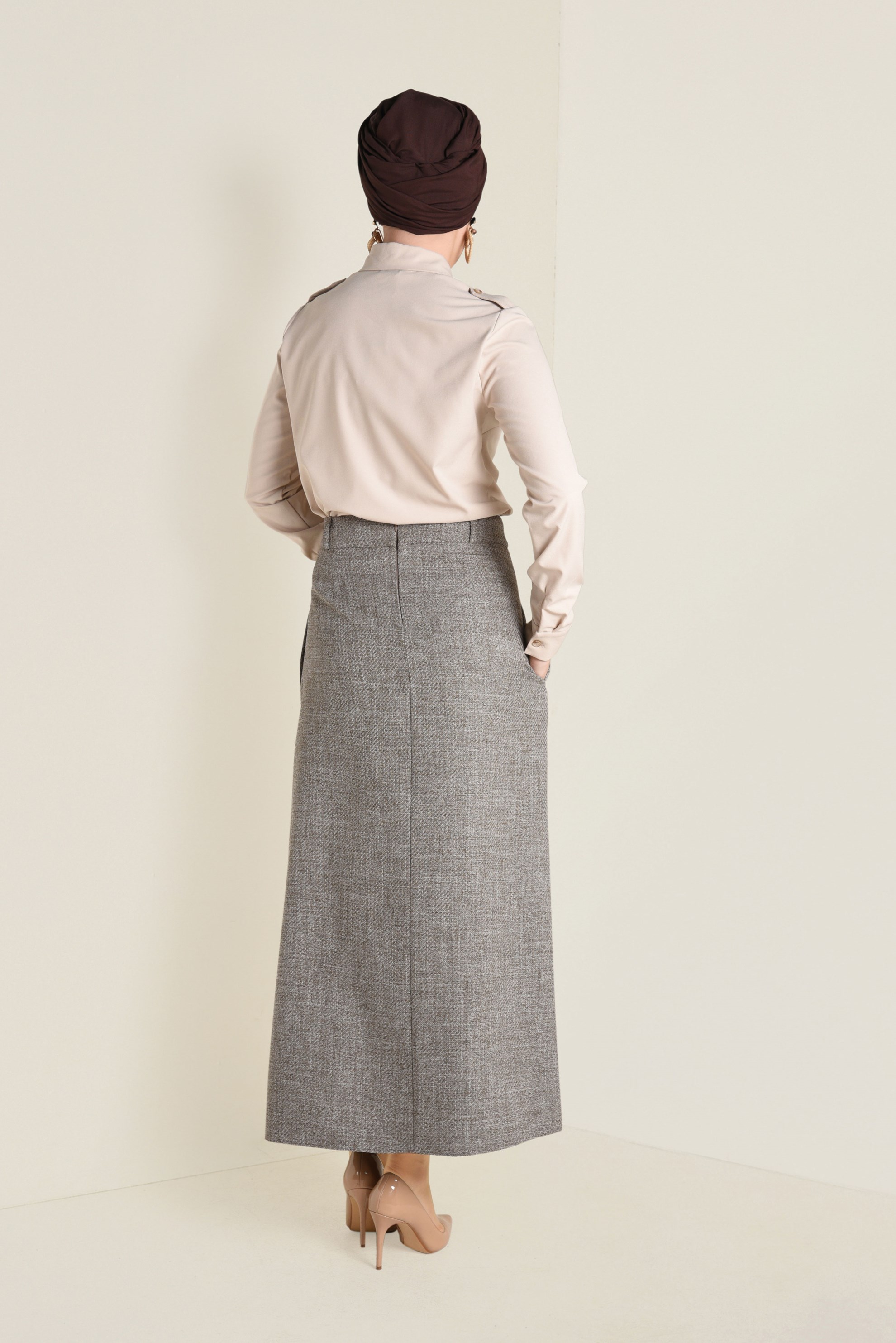 Tesettür giyim VİZON YÜKSEK BEL DÜĞMELİ ETEK 6258