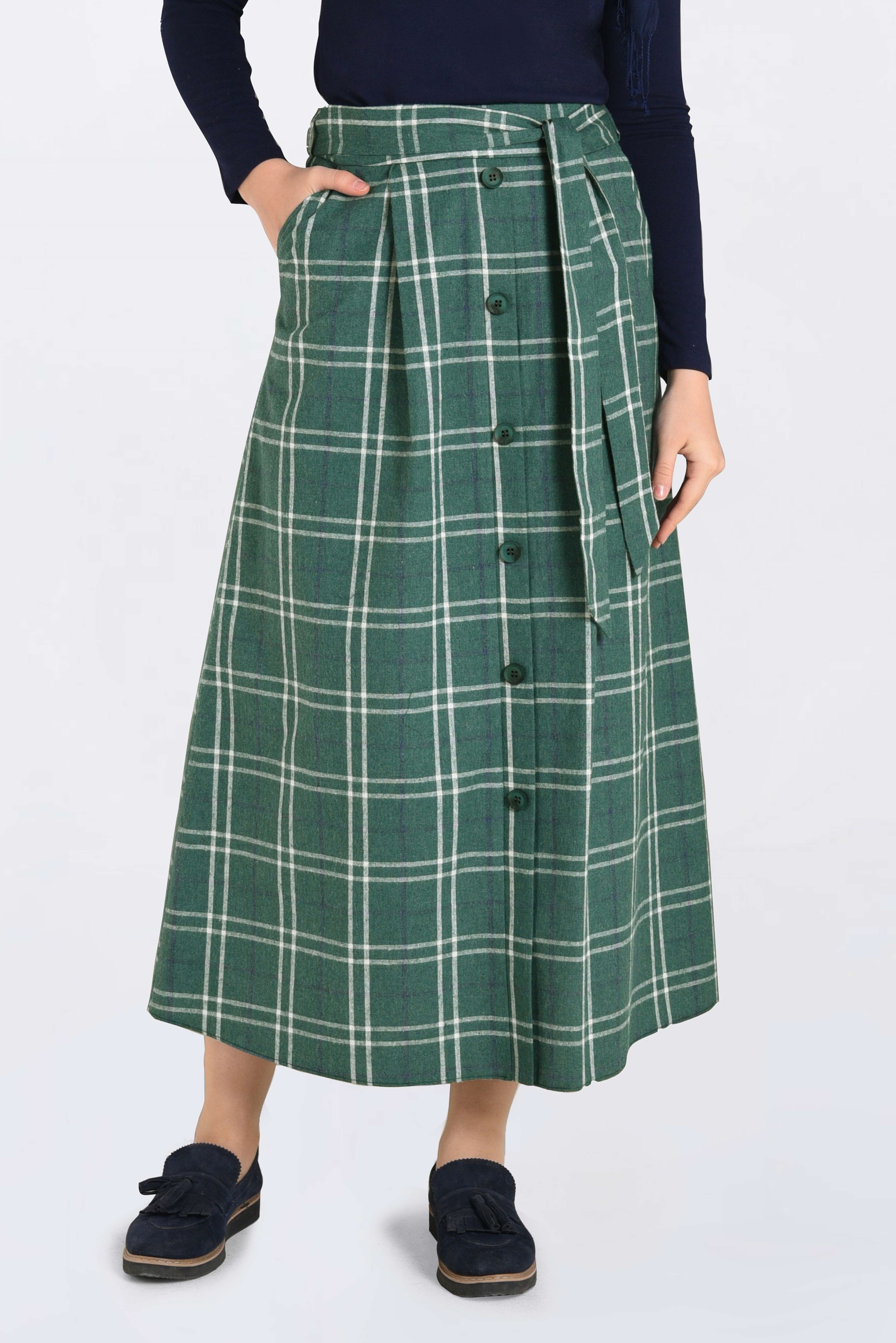 Tesettür giyim YEŞİL EKOSE DESENLİ BELDEN KUŞAKLI ETEK 6259