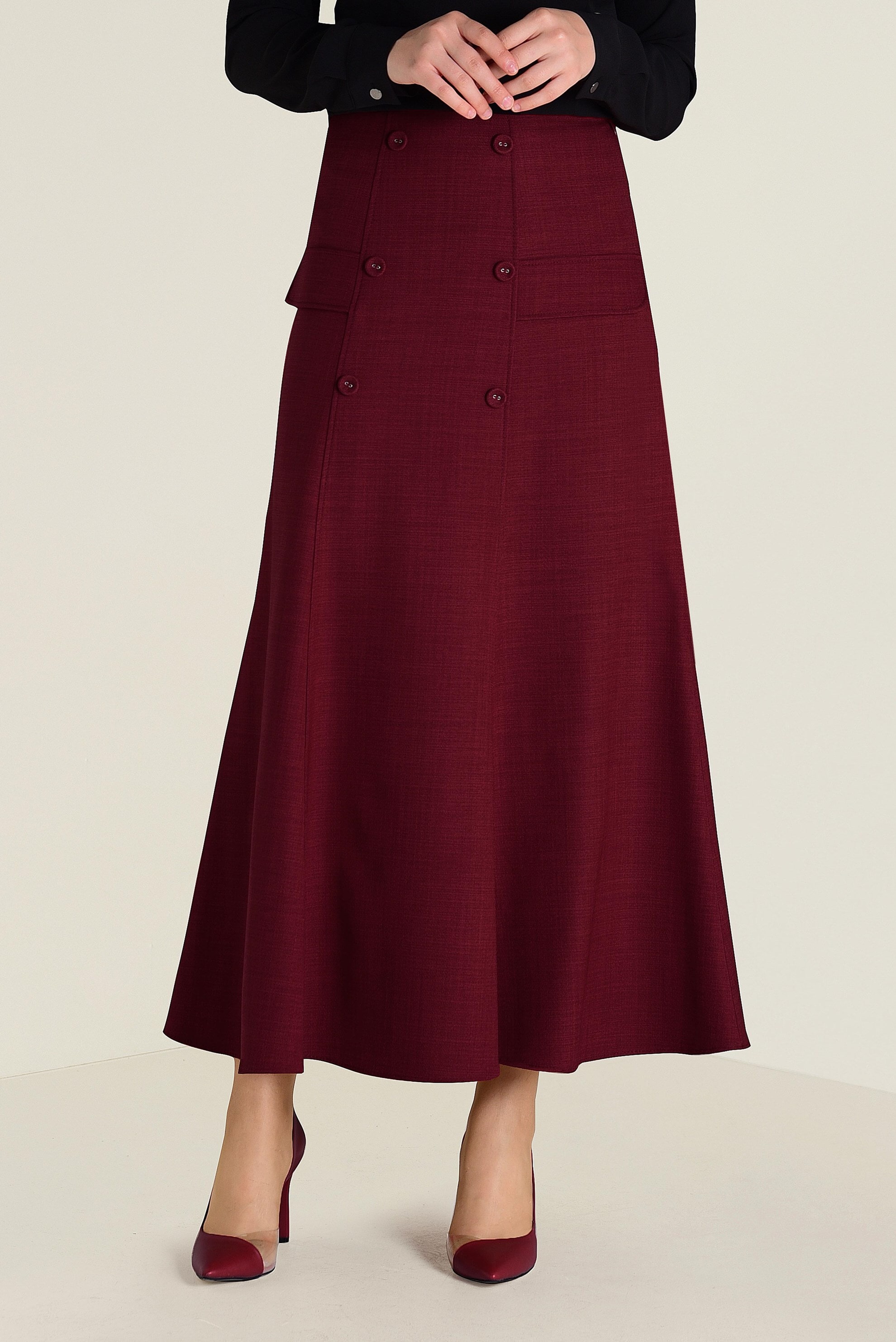 Tesettür giyim KIRMIZI DÜĞME DETAYLI VOLANLI ETEK 6260