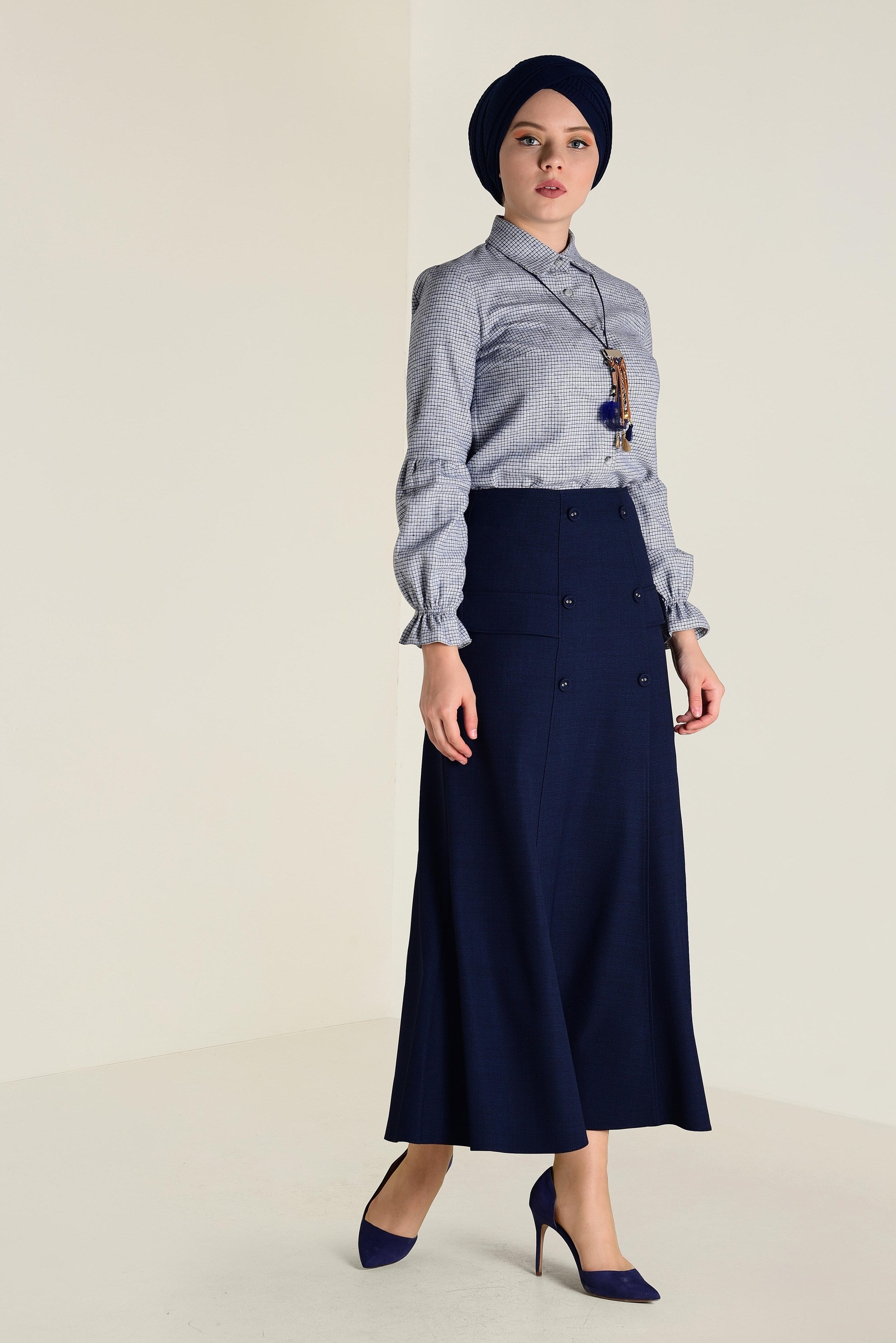 Tesettür giyim LACİVERT DÜĞME DETAYLI VOLANLI ETEK 6260