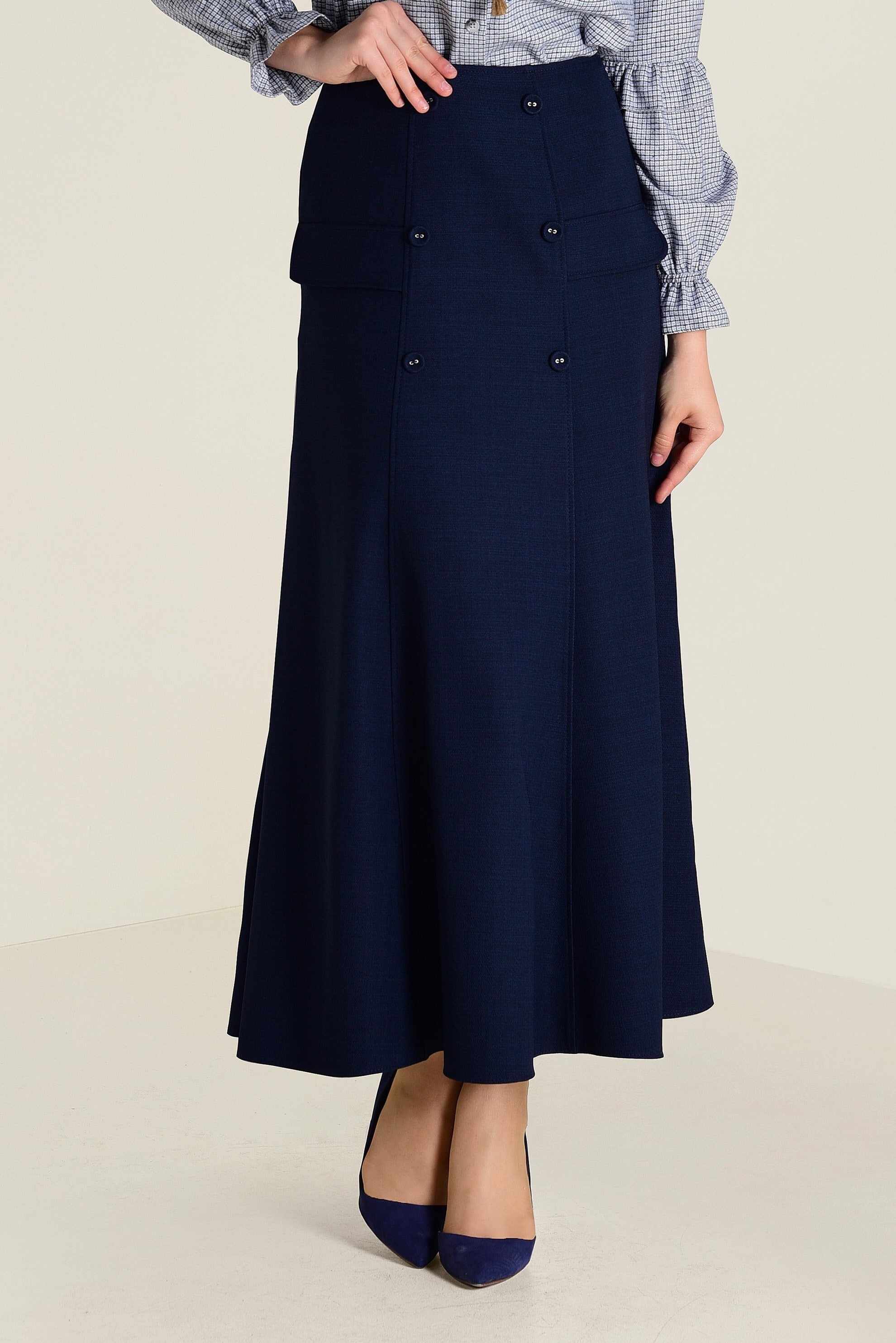 Tesettür giyim LACİVERT DÜĞME DETAYLI VOLANLI ETEK 6260