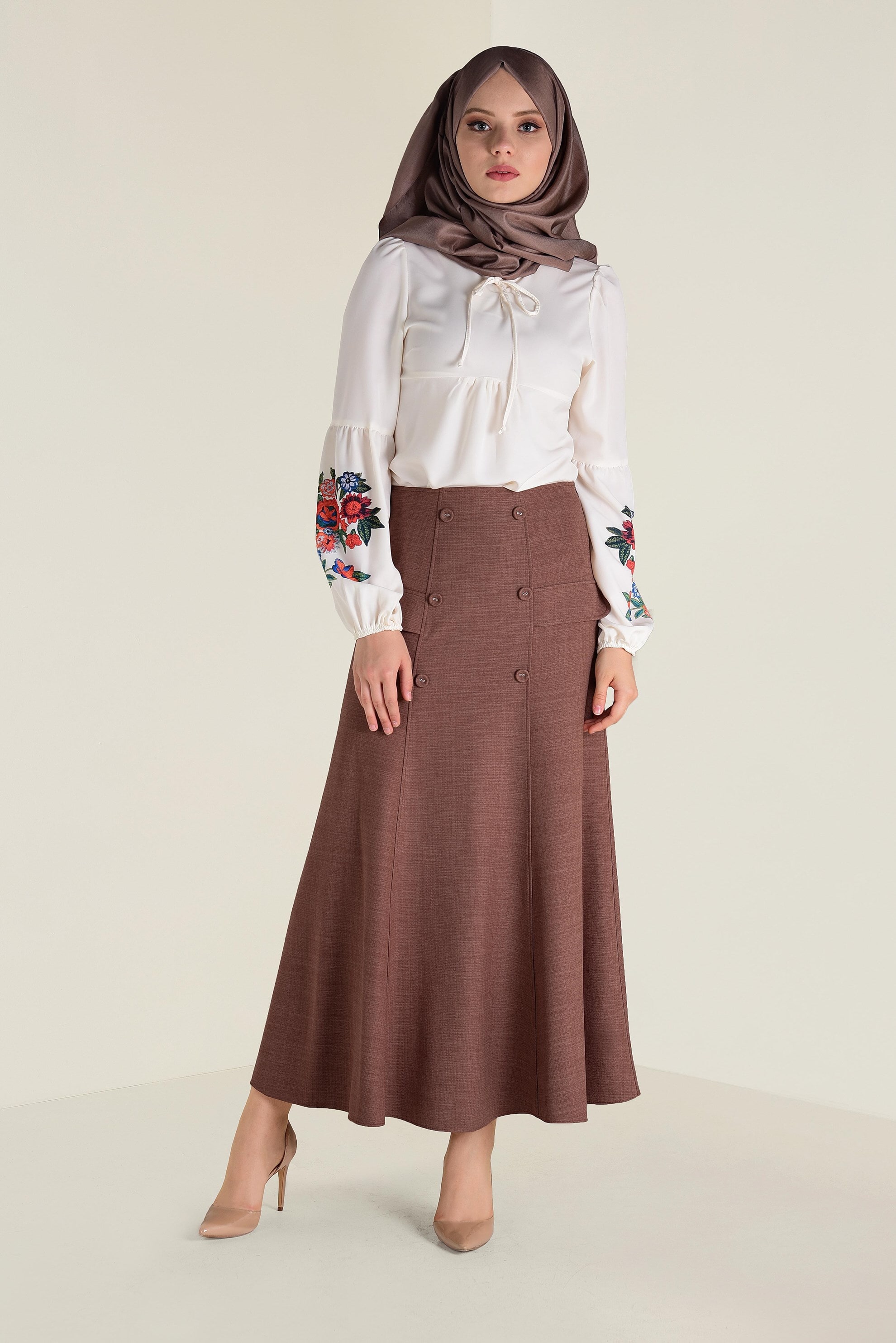 Tesettür giyim KAHVE DÜĞME DETAYLI VOLANLI ETEK 6260