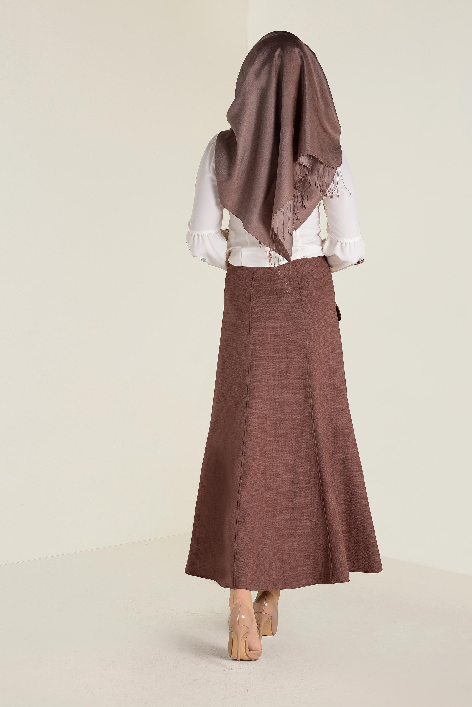 Tesettür giyim KAHVE DÜĞME DETAYLI VOLANLI ETEK 6260