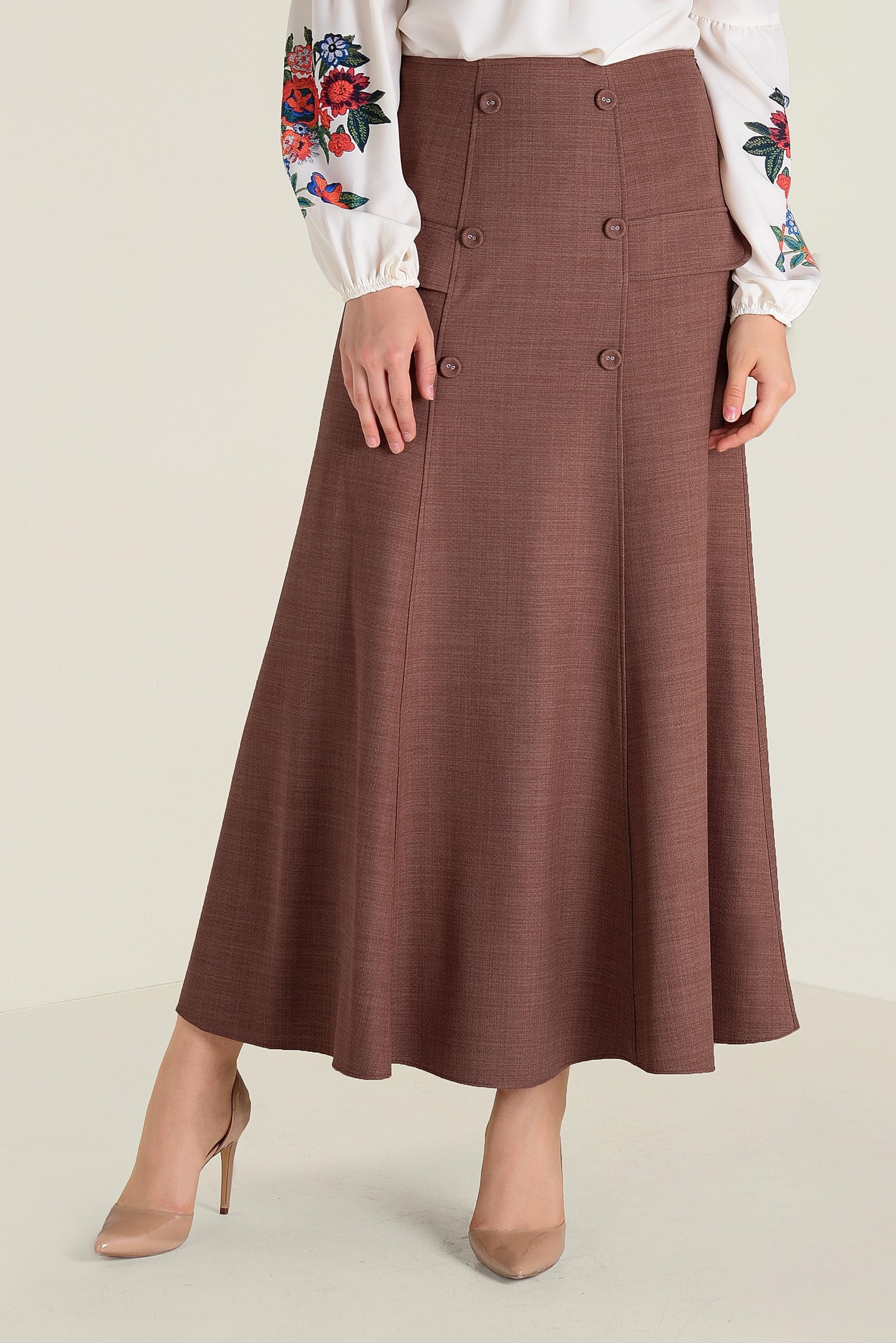 Tesettür giyim KAHVE DÜĞME DETAYLI VOLANLI ETEK 6260