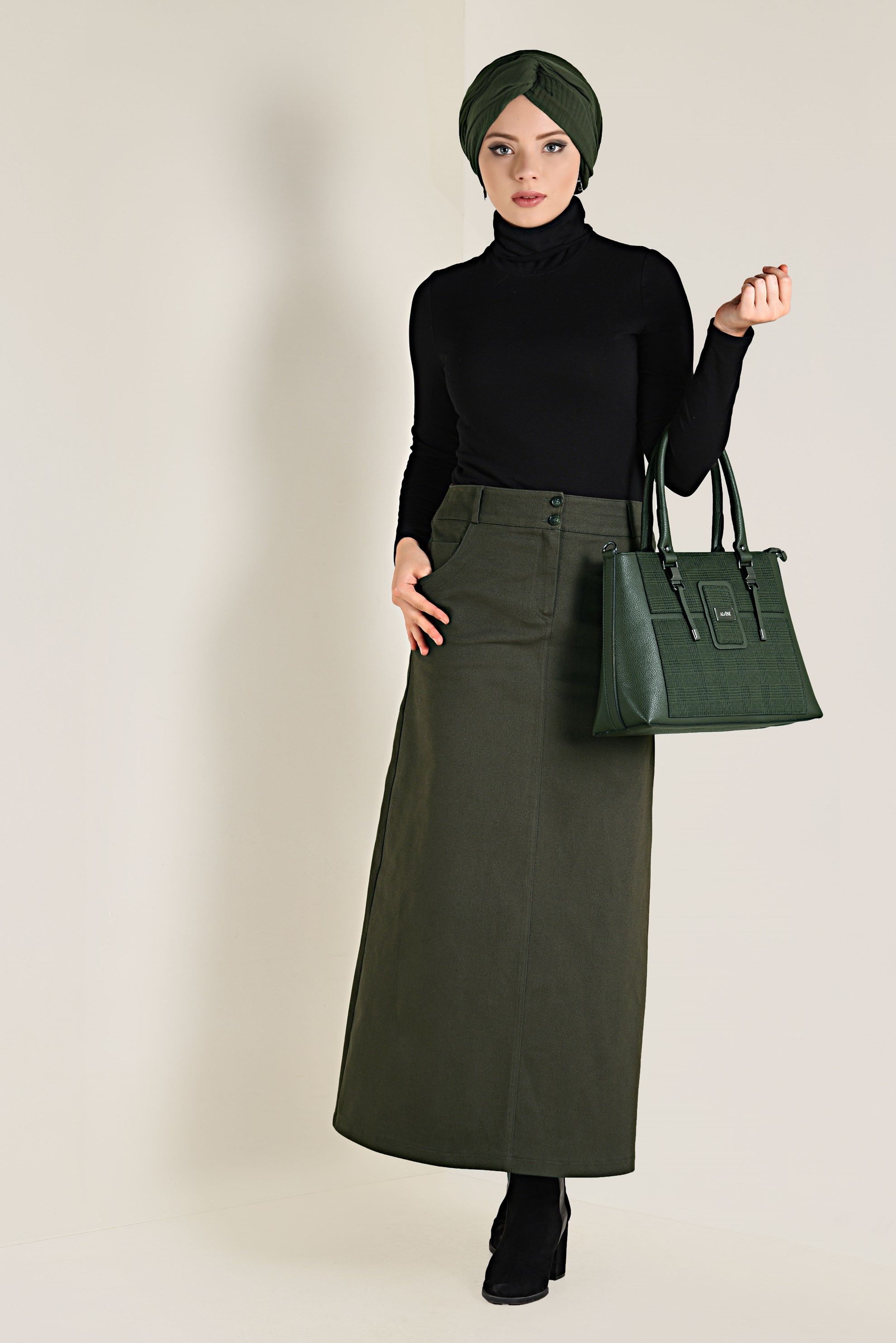 Tesettür giyim HAKİ PAMUKLU SPOR ETEK 6262