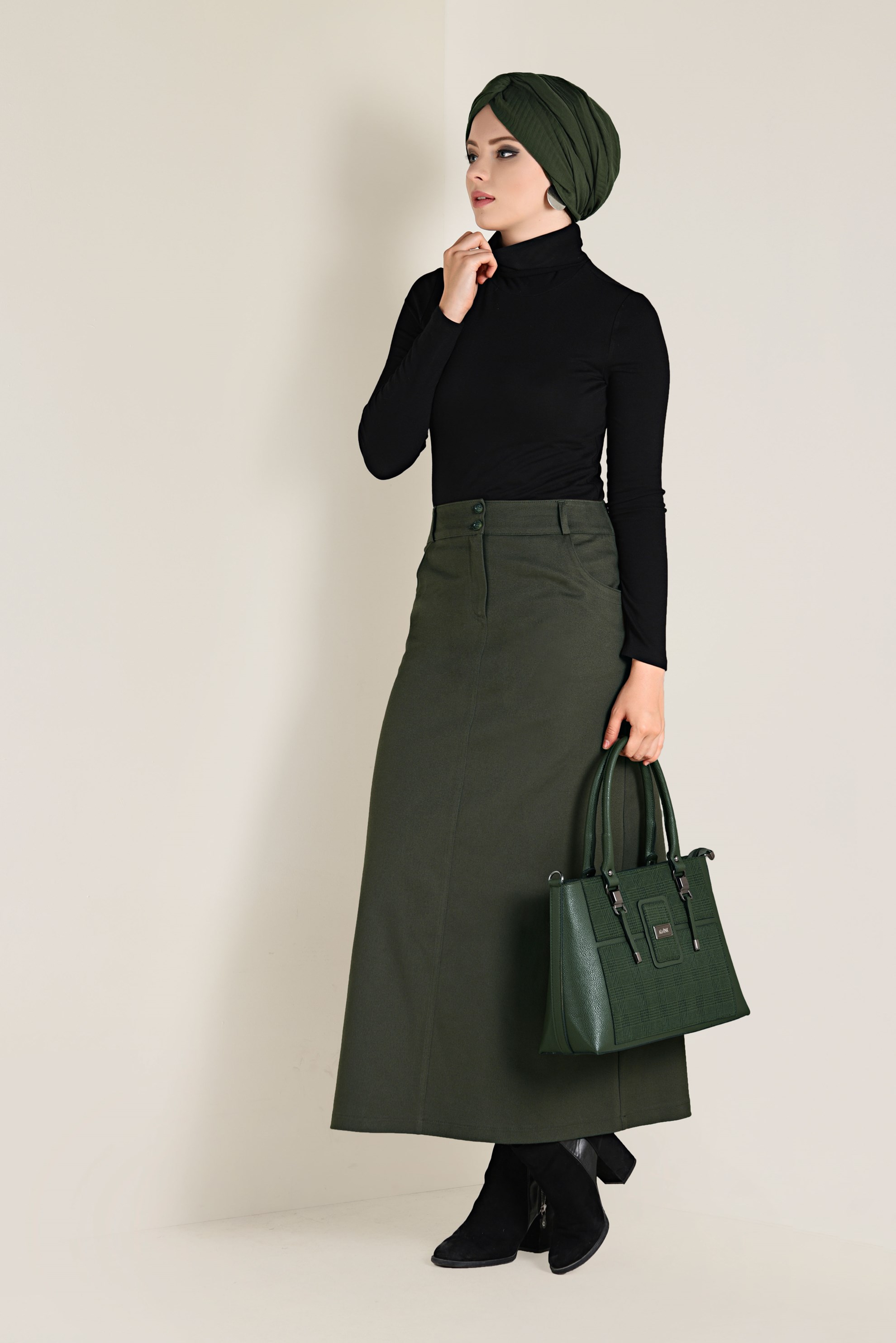 Tesettür giyim HAKİ PAMUKLU SPOR ETEK 6262