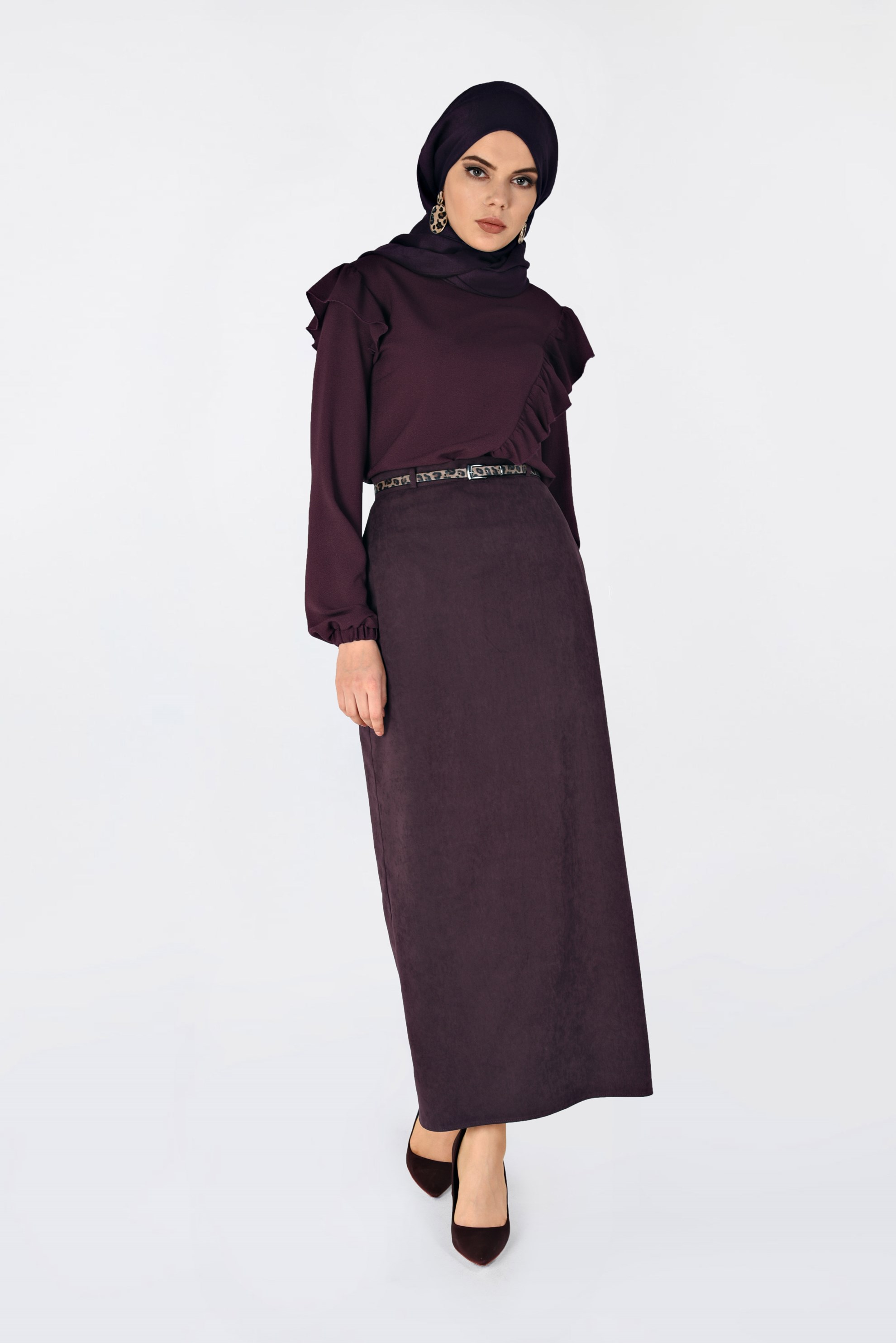 Tesettür giyim BORDO DÜZ KESİM SÜET ETEK 6263