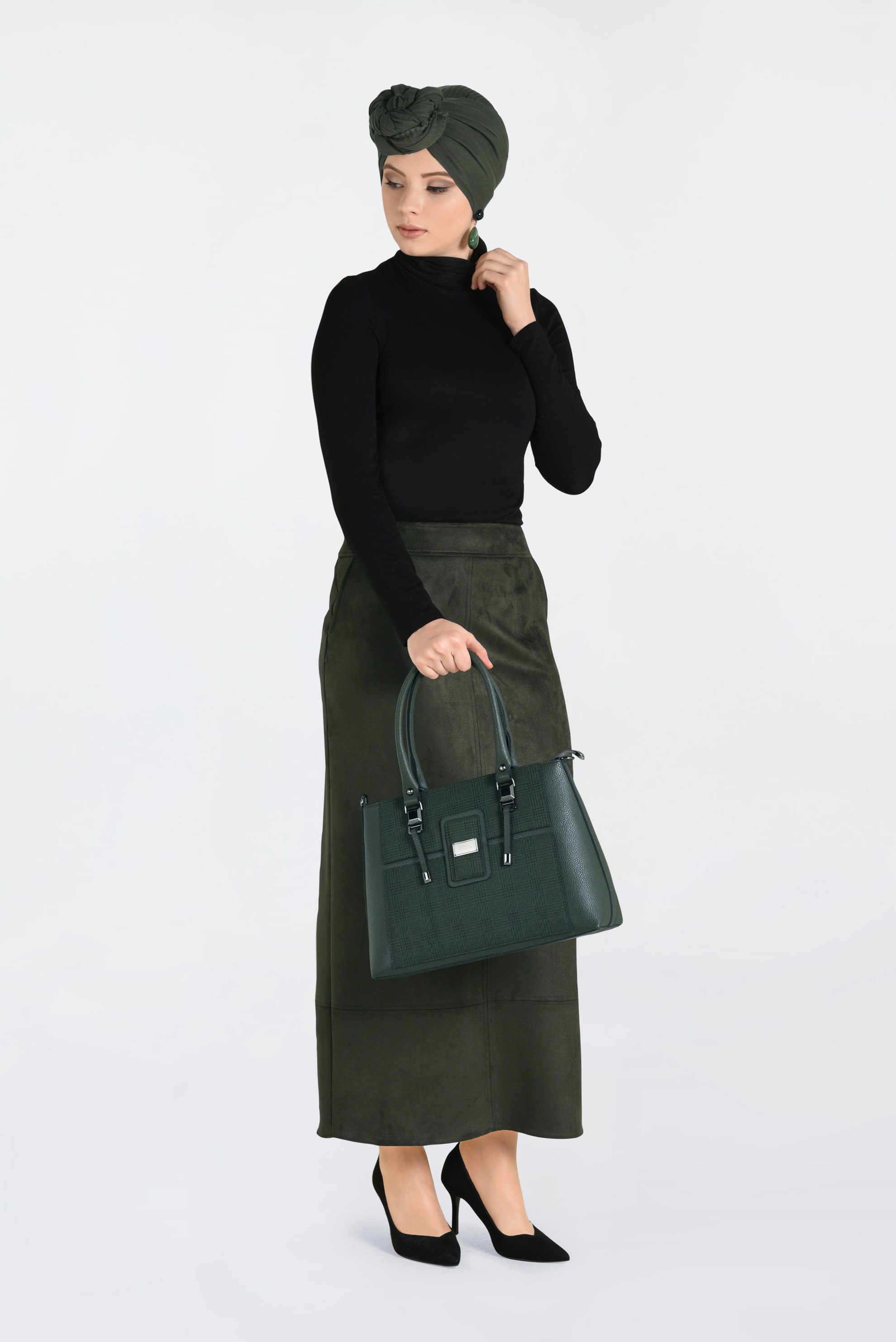 Tesettür giyim HAKİ GİZLİ YIRTMAÇLI SÜET ETEK 6264