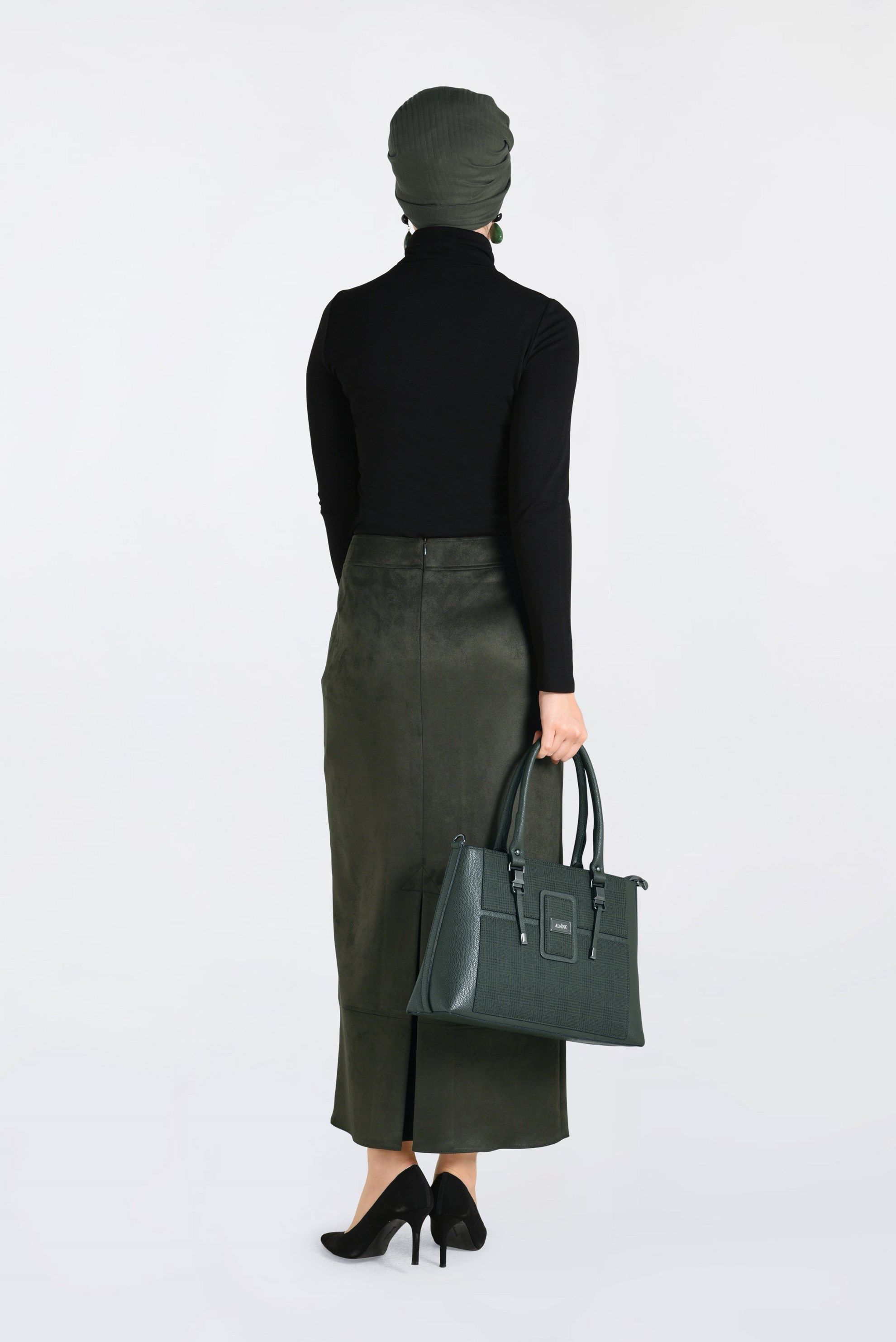 Tesettür giyim HAKİ GİZLİ YIRTMAÇLI SÜET ETEK 6264