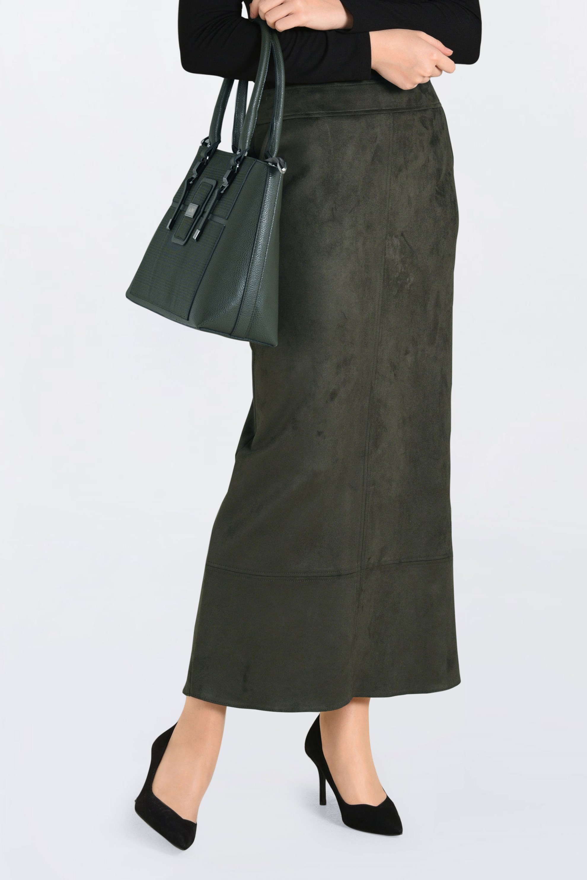 Tesettür giyim HAKİ GİZLİ YIRTMAÇLI SÜET ETEK 6264