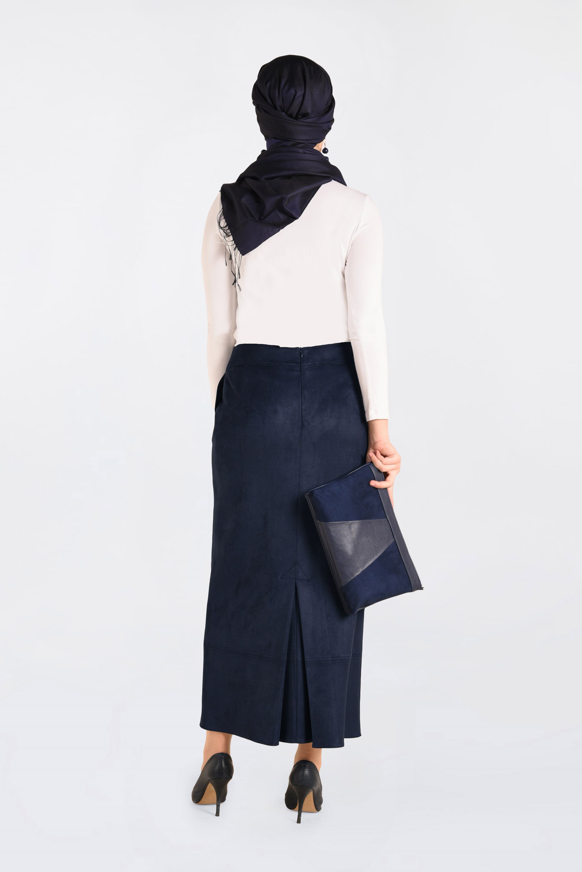 Tesettür giyim LACİVERT GİZLİ YIRTMAÇLI SÜET ETEK 6264