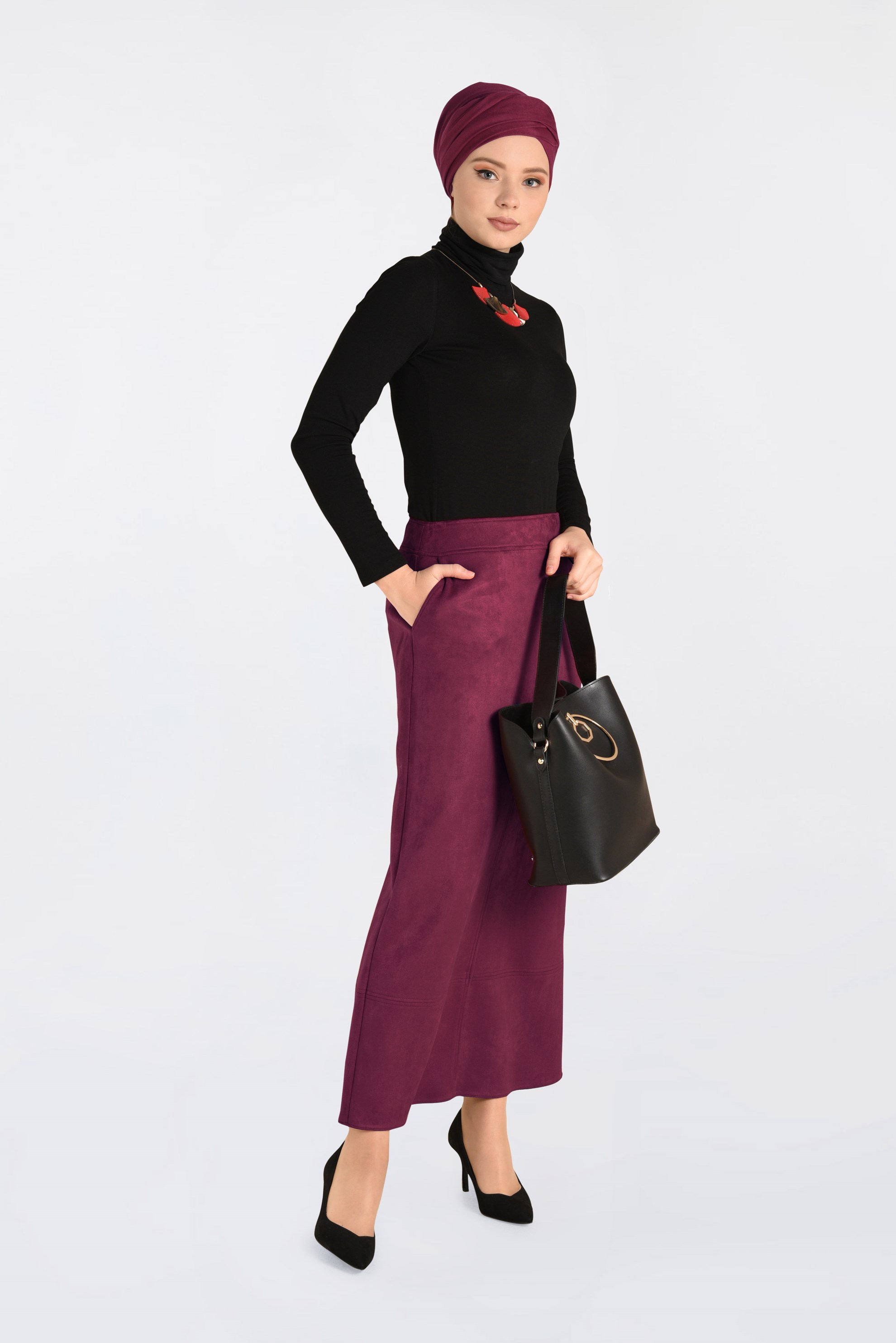 Tesettür giyim BORDO GİZLİ YIRTMAÇLI SÜET ETEK 6264