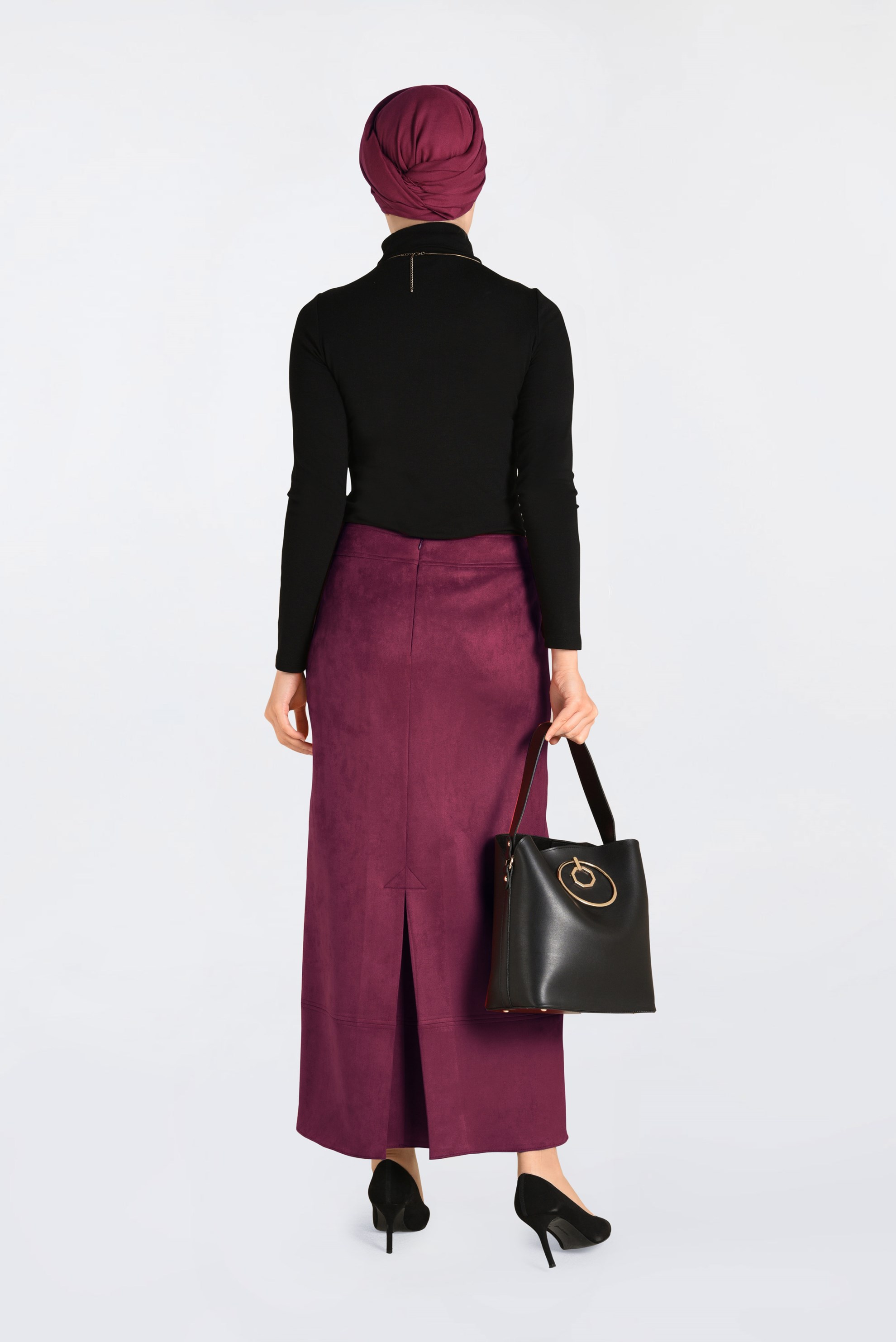 Tesettür giyim BORDO GİZLİ YIRTMAÇLI SÜET ETEK 6264