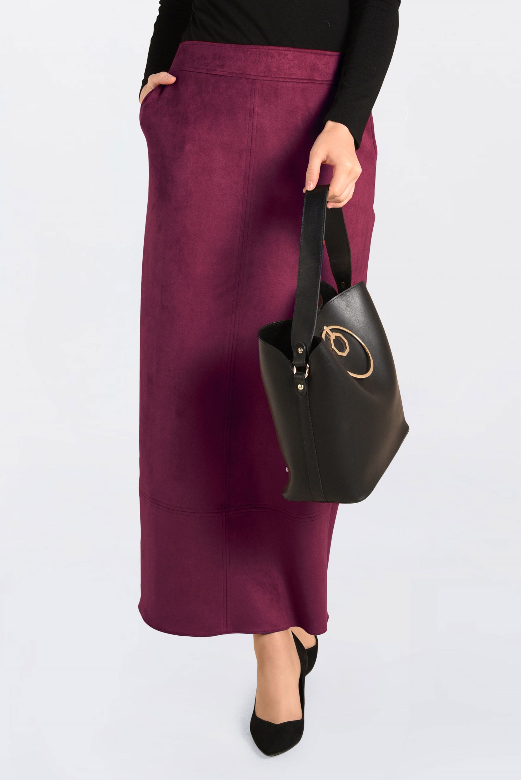 Tesettür giyim BORDO GİZLİ YIRTMAÇLI SÜET ETEK 6264