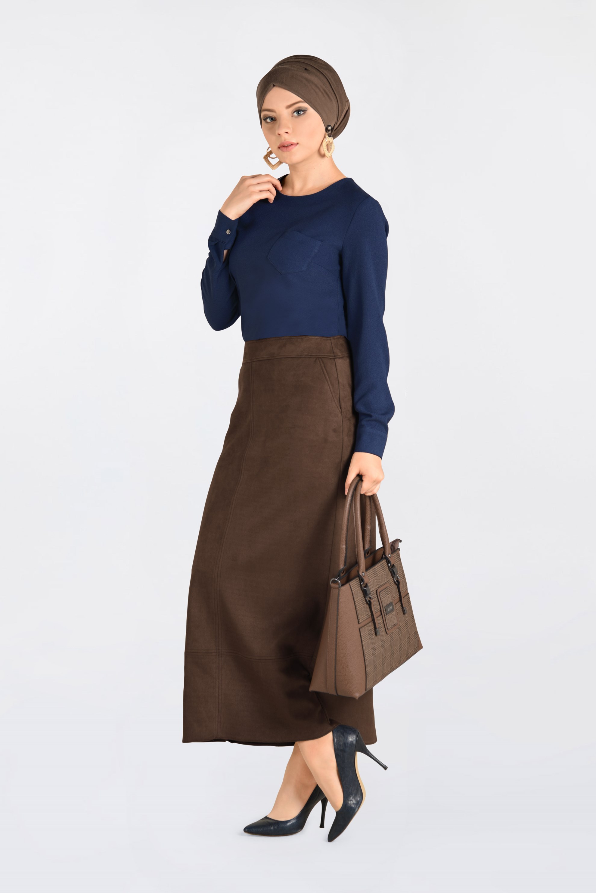 Tesettür giyim KAHVE GİZLİ YIRTMAÇLI SÜET ETEK 6264