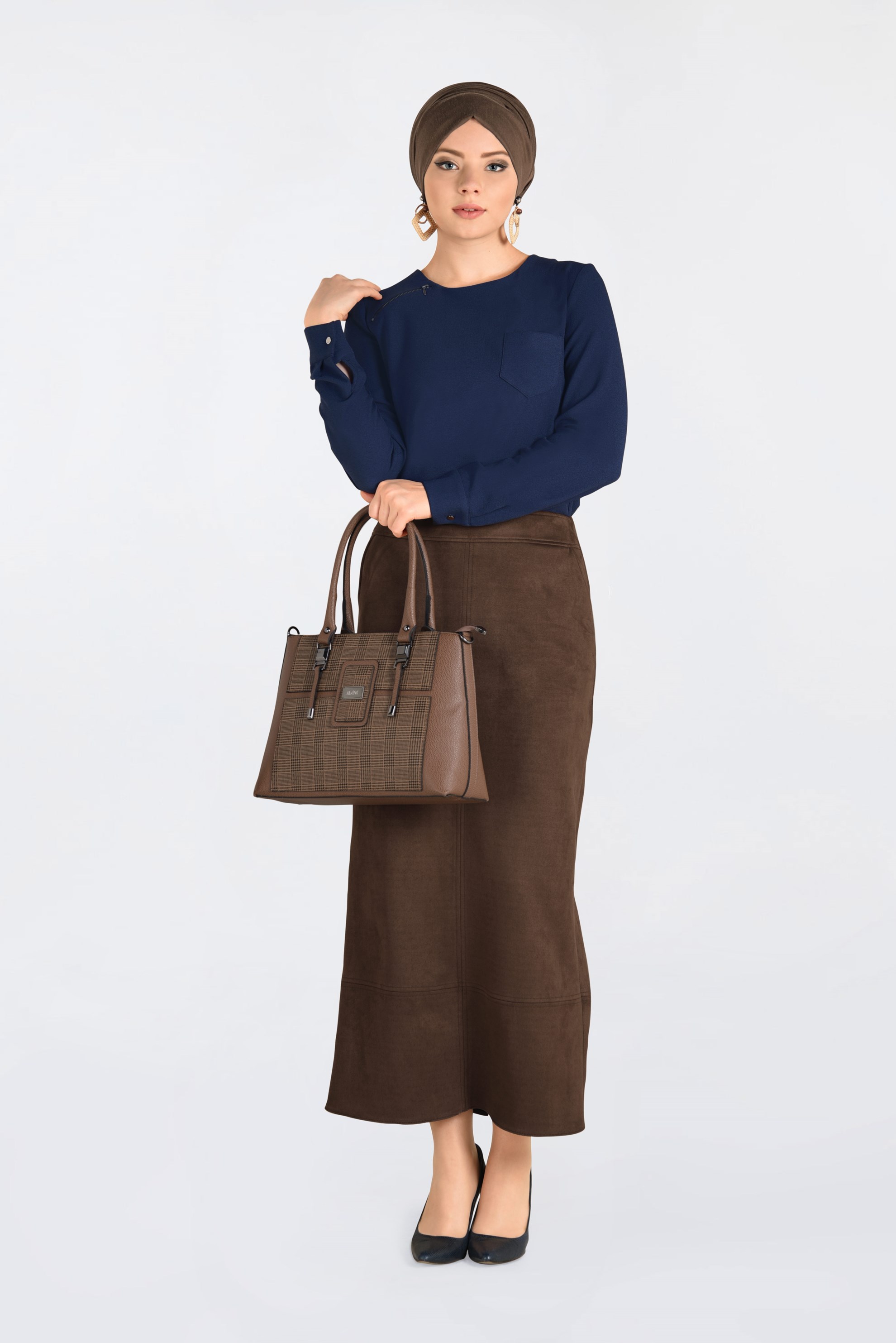 Tesettür giyim KAHVE GİZLİ YIRTMAÇLI SÜET ETEK 6264