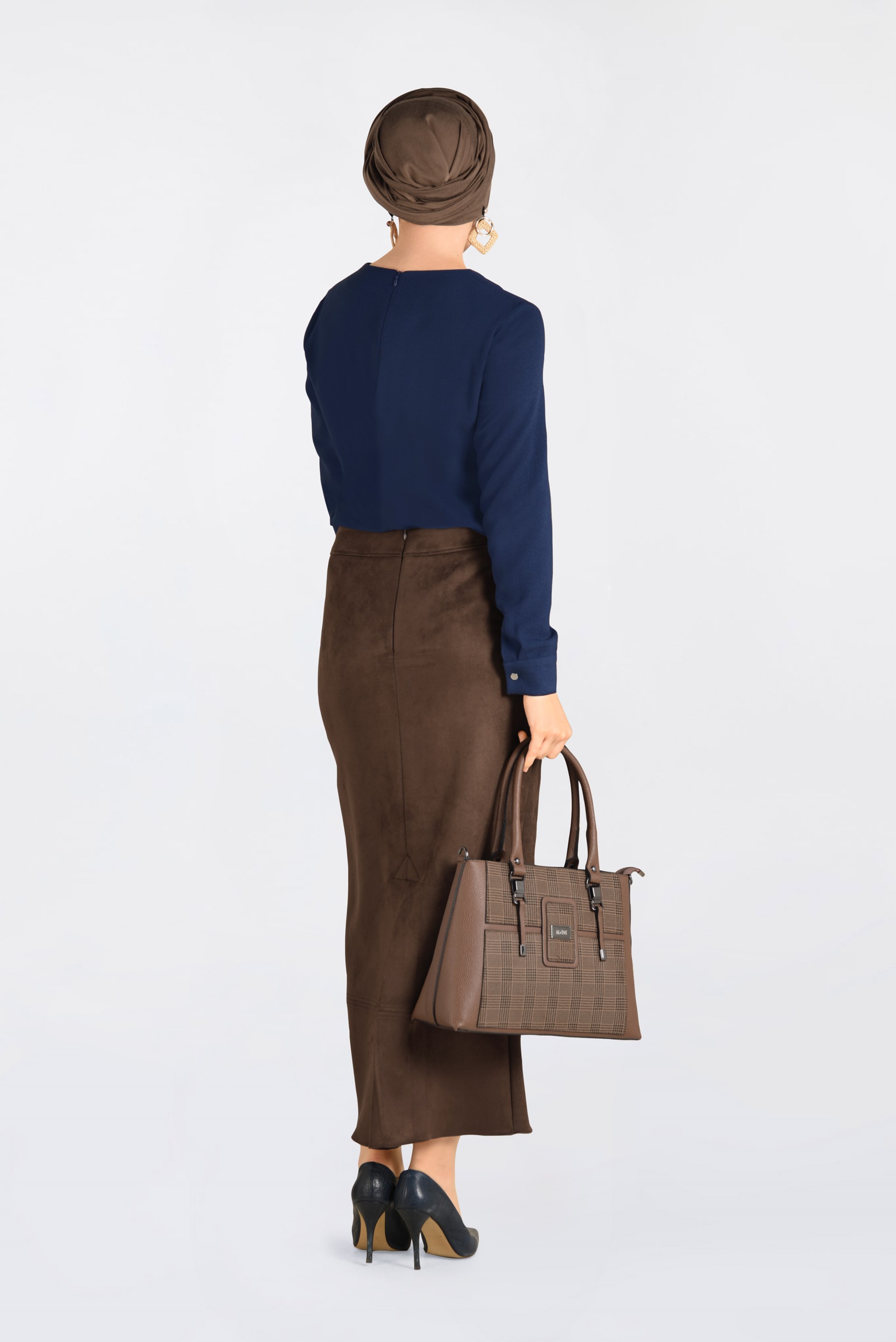 Tesettür giyim KAHVE GİZLİ YIRTMAÇLI SÜET ETEK 6264