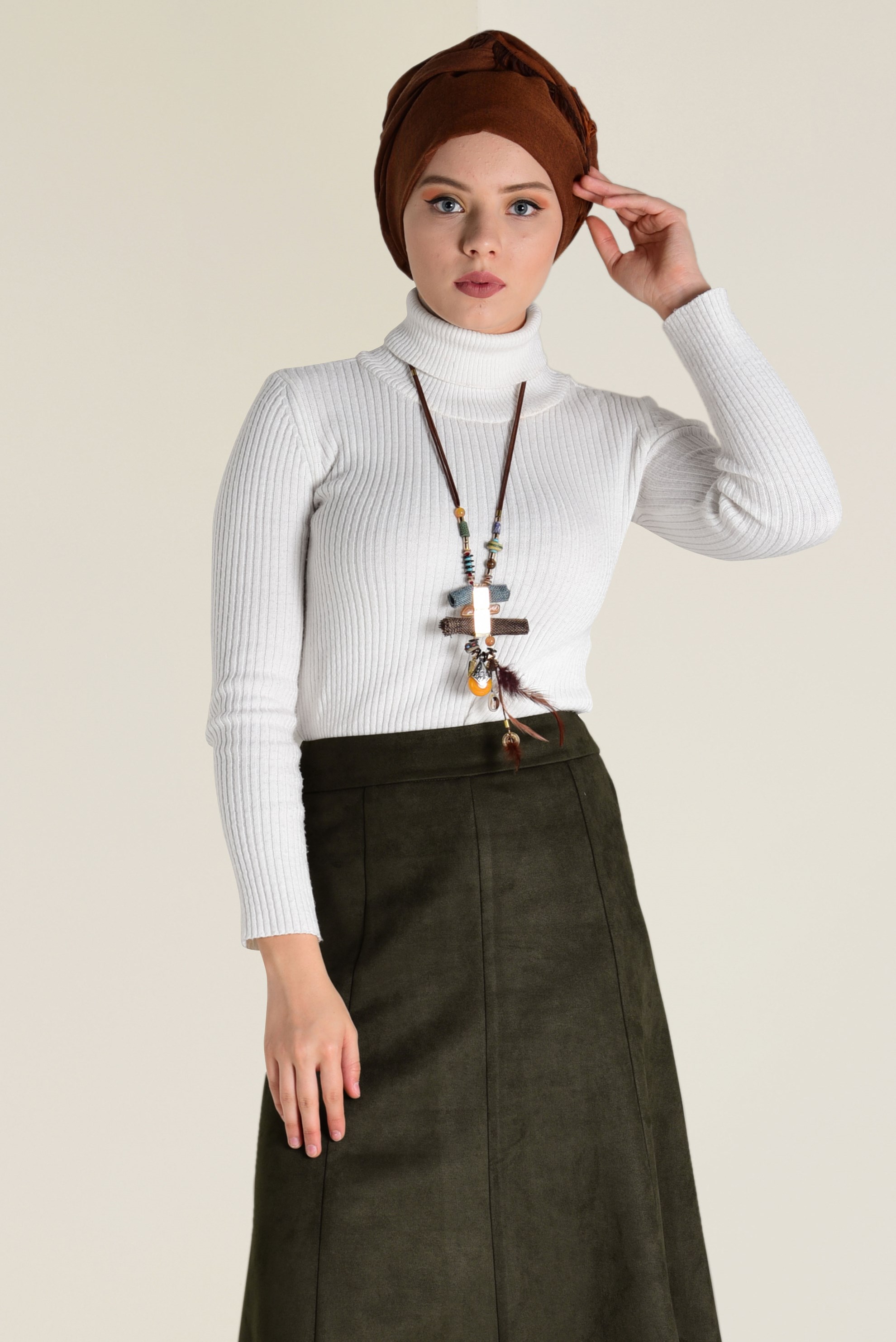 Tesettür giyim HAKİ SÜET ÇAN ETEK 6265