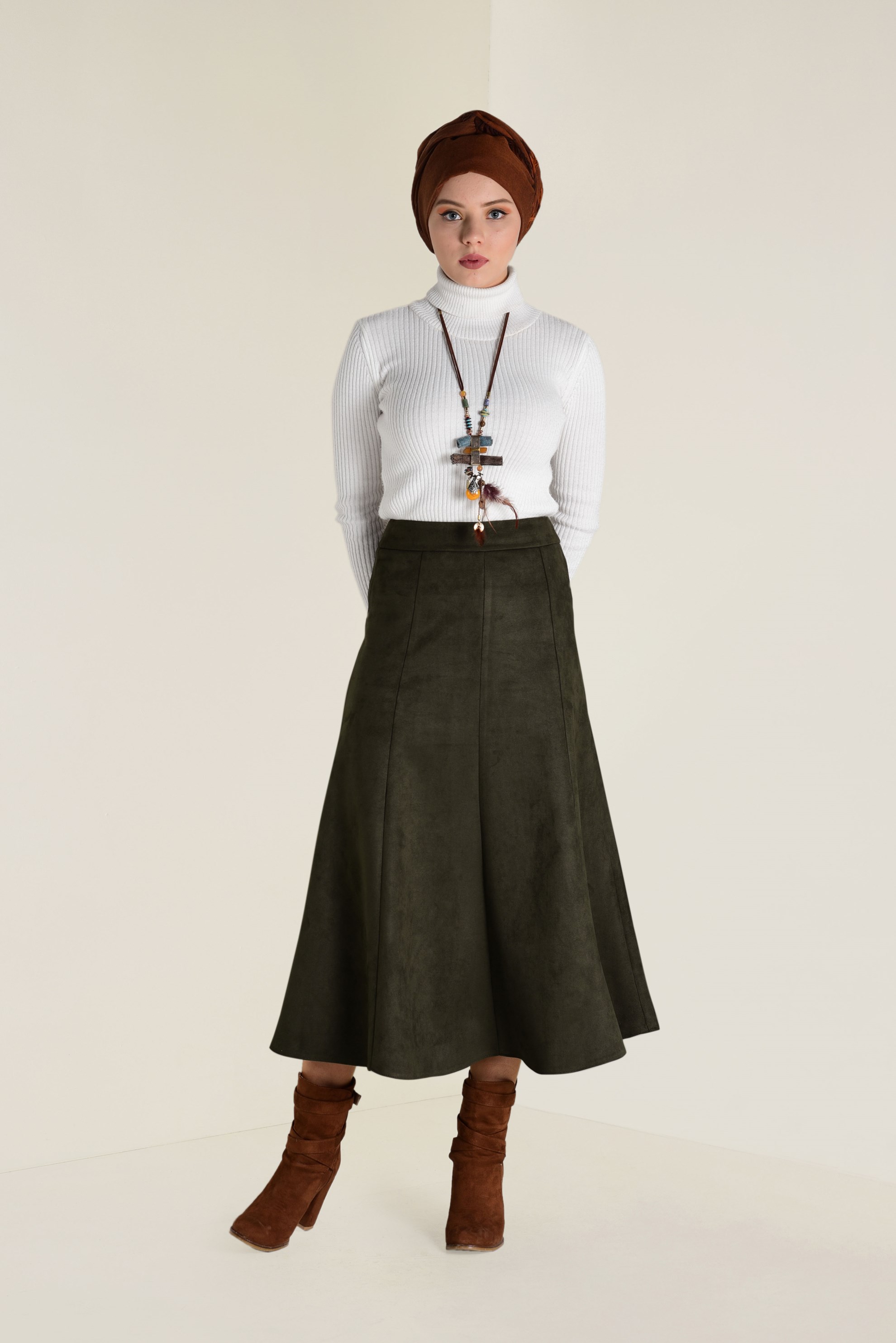 Tesettür giyim HAKİ SÜET ÇAN ETEK 6265