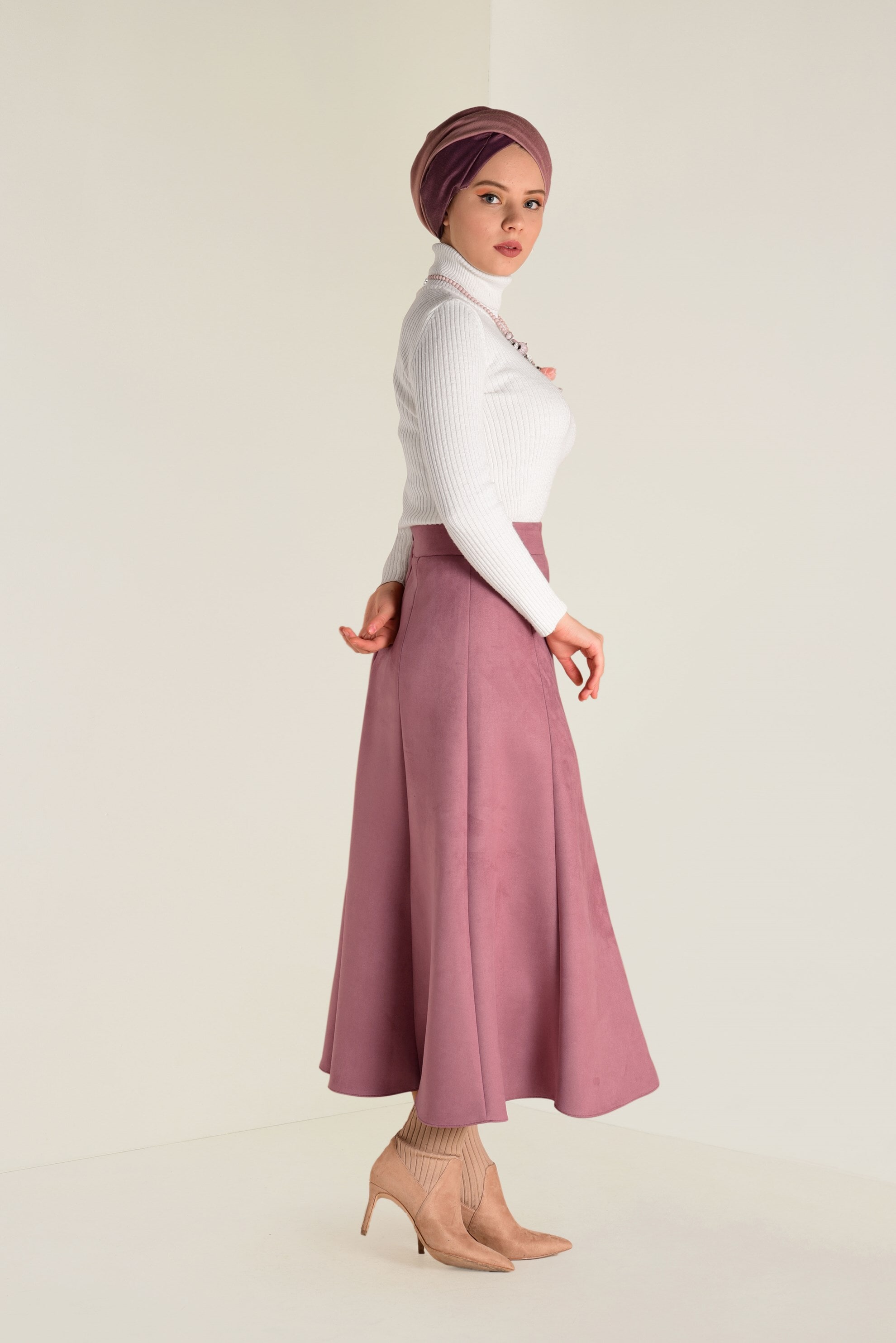 Tesettür giyim PUDRA SÜET ÇAN ETEK 6265