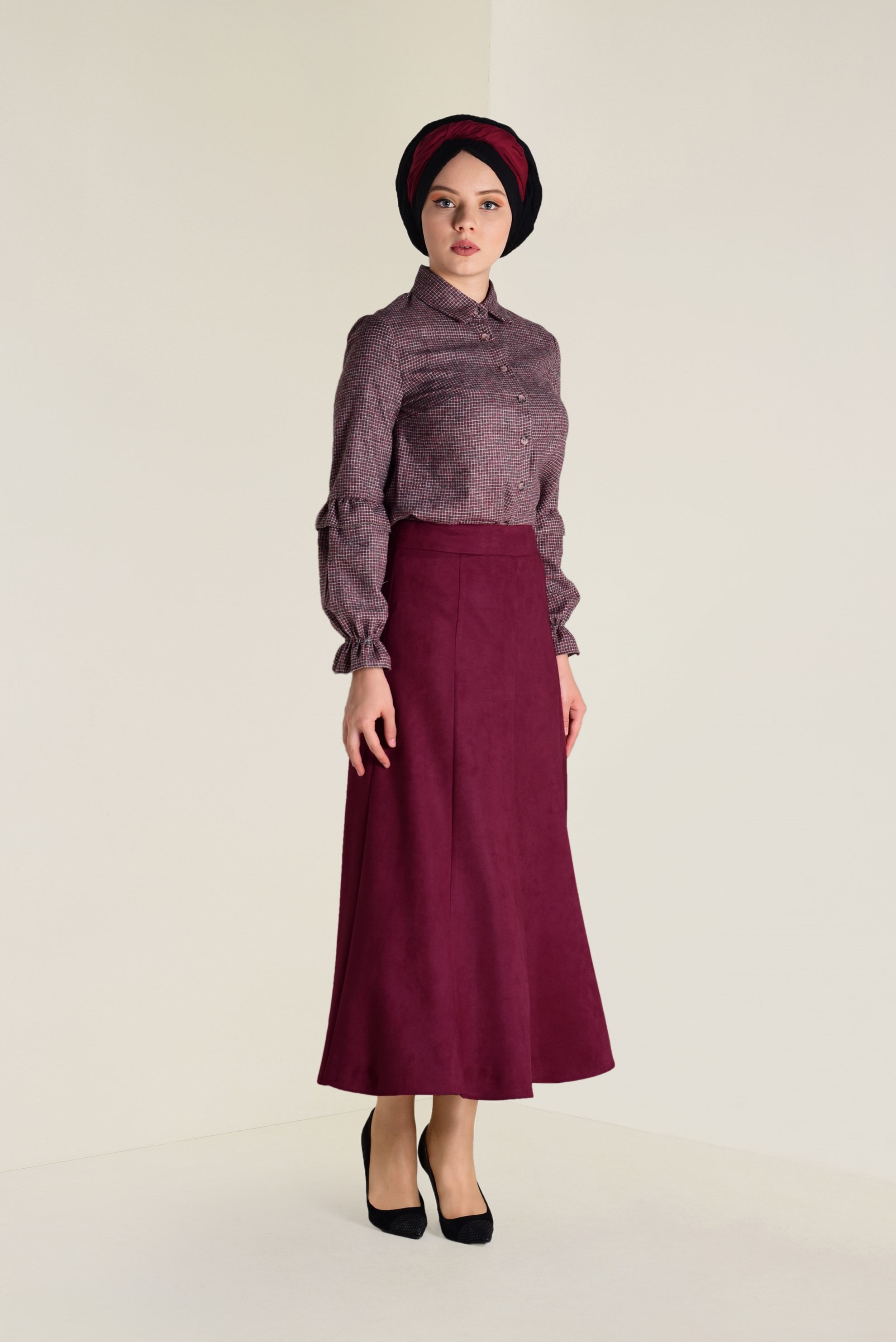 Tesettür giyim BORDO SÜET ÇAN ETEK 6265