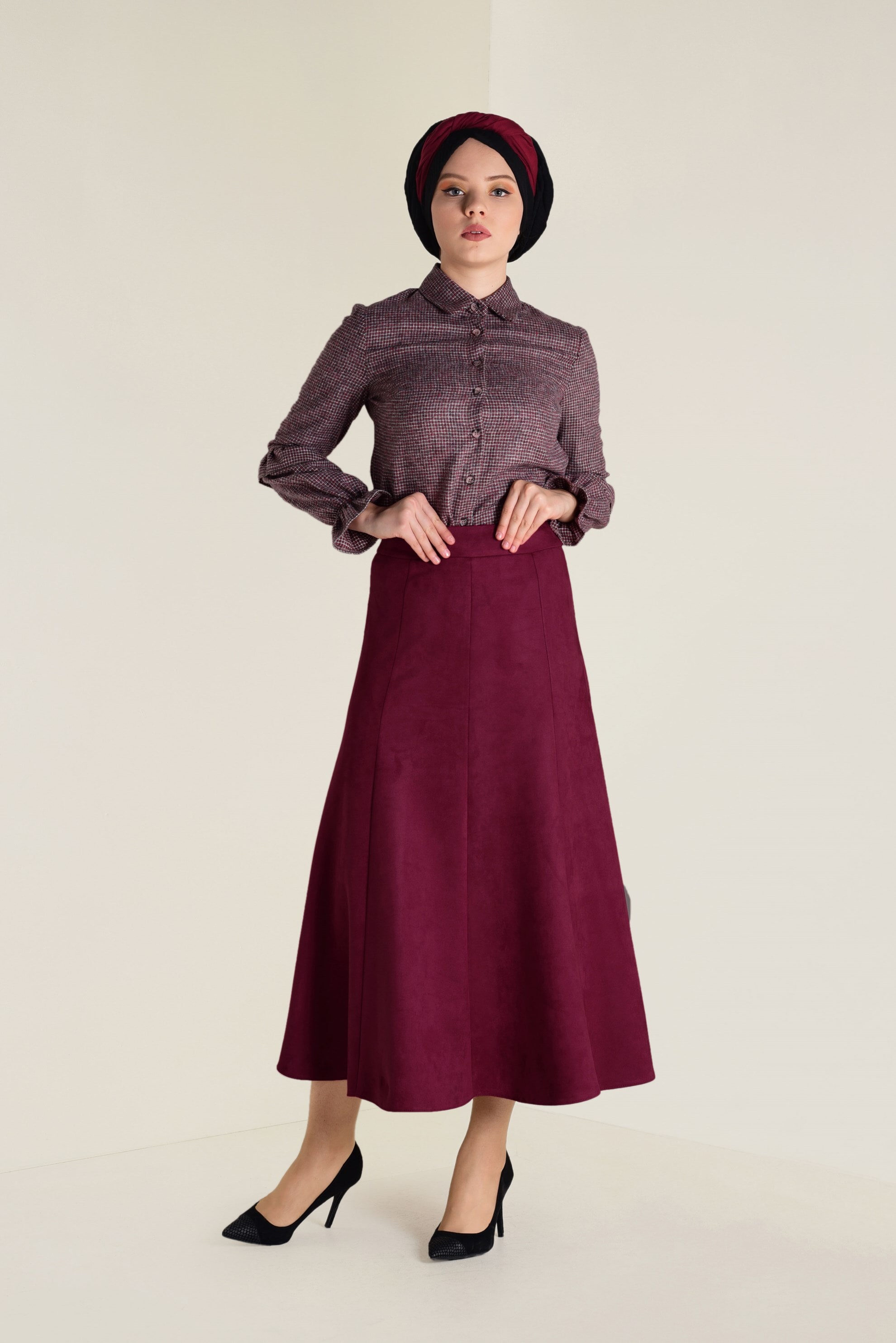 Tesettür giyim BORDO SÜET ÇAN ETEK 6265