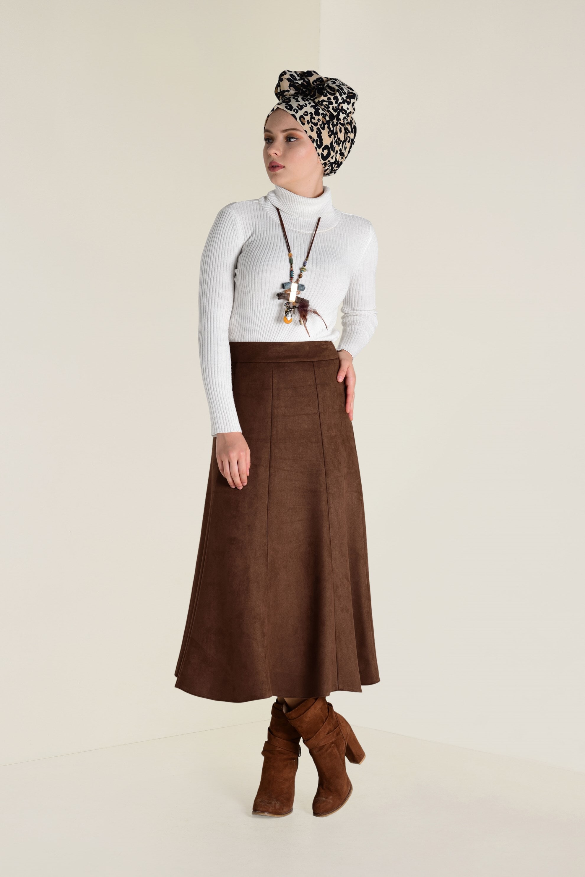 Tesettür giyim KAHVE SÜET ÇAN ETEK 6265