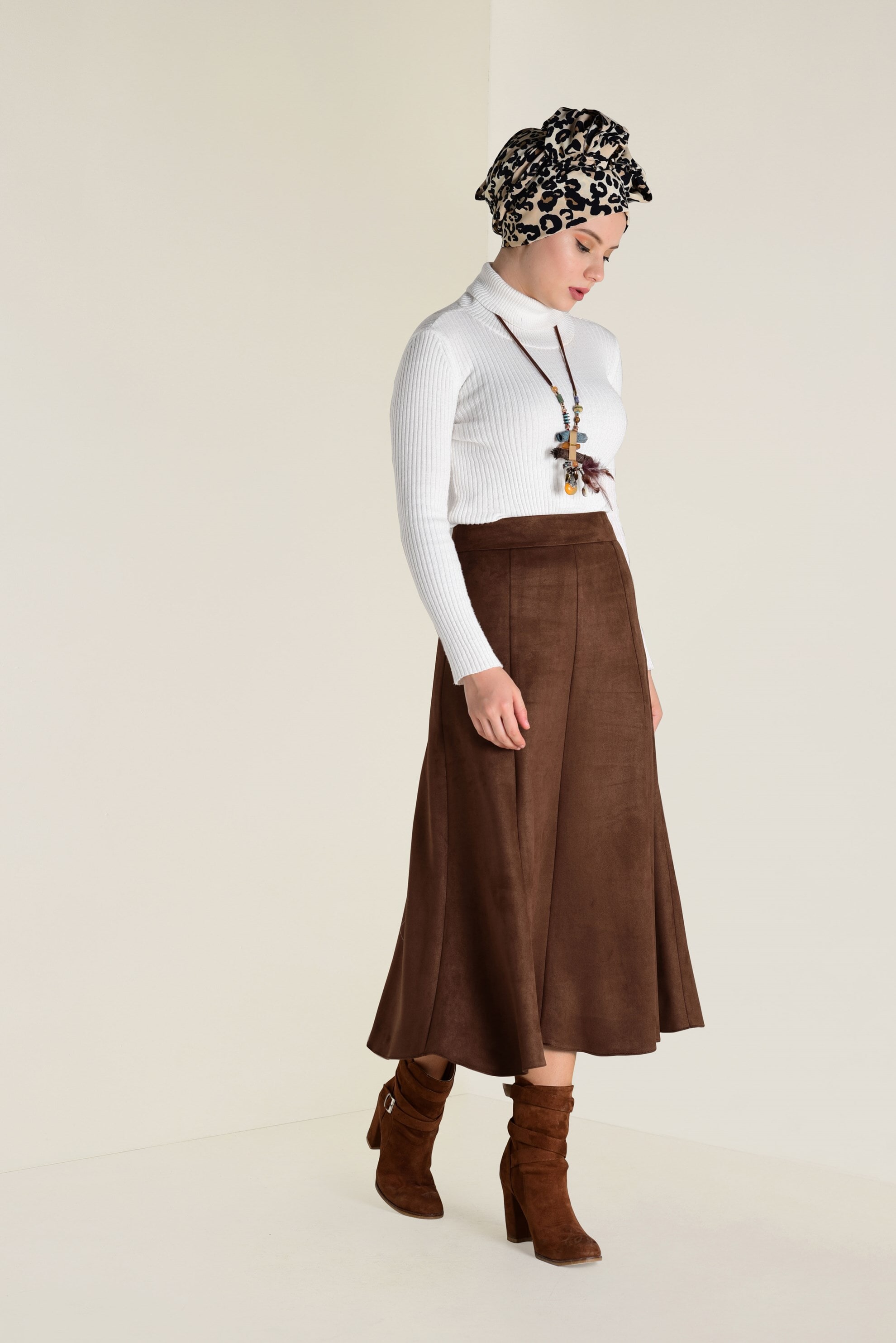 Tesettür giyim KAHVE SÜET ÇAN ETEK 6265