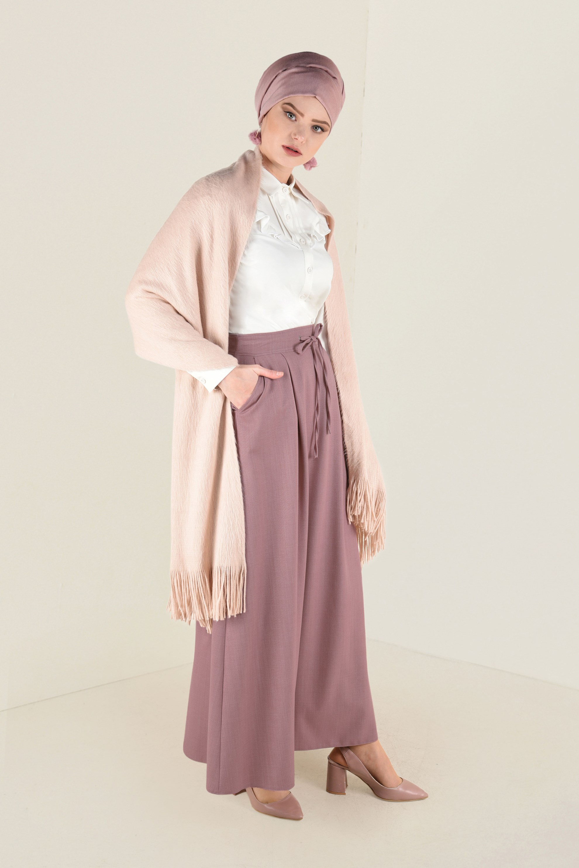 Tesettür giyim PUDRA BAĞCIK DETAYLI A KESİM ETEK 6266