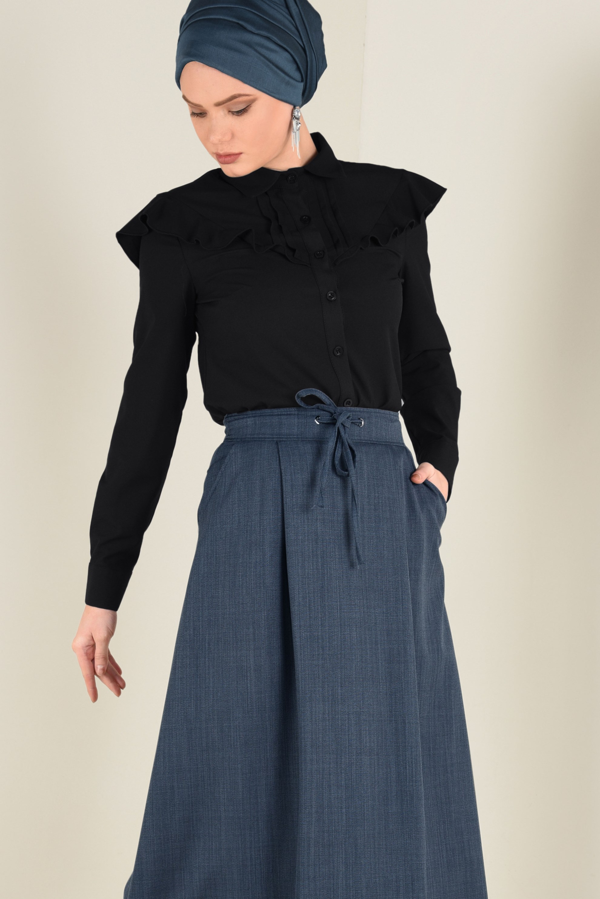 Tesettür giyim GRİ BAĞCIK DETAYLI A KESİM ETEK 6266