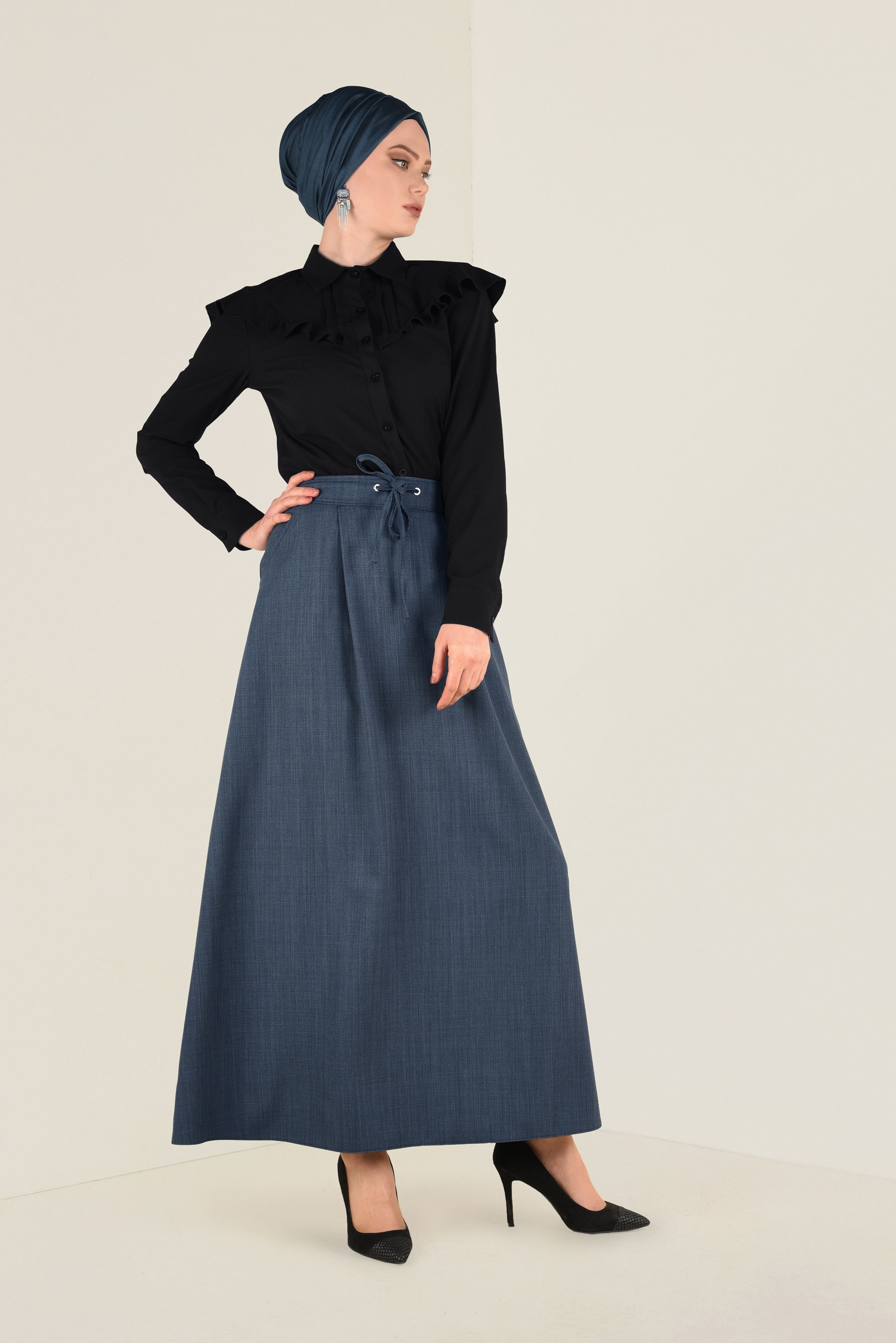 Tesettür giyim GRİ BAĞCIK DETAYLI A KESİM ETEK 6266