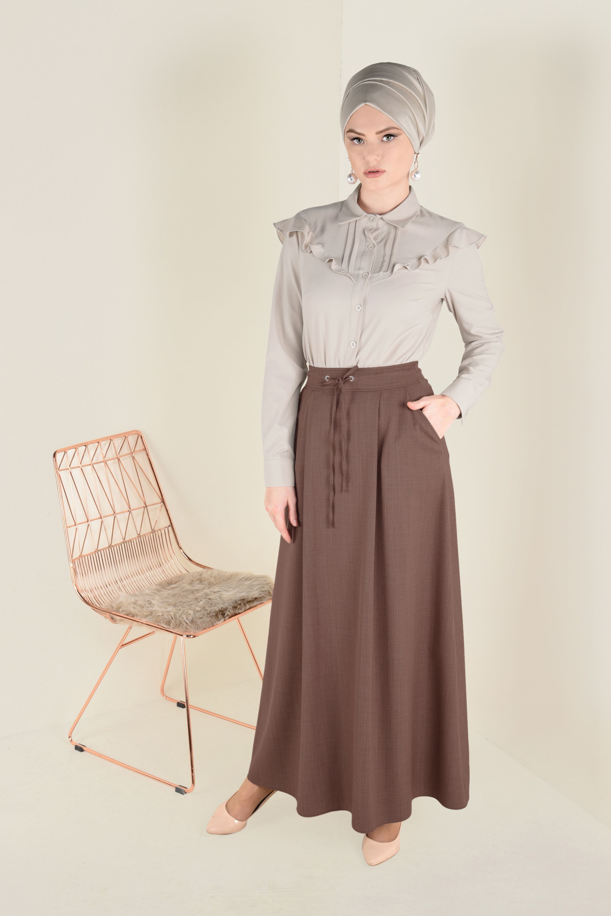 Tesettür giyim KAHVE BAĞCIK DETAYLI A KESİM ETEK 6266