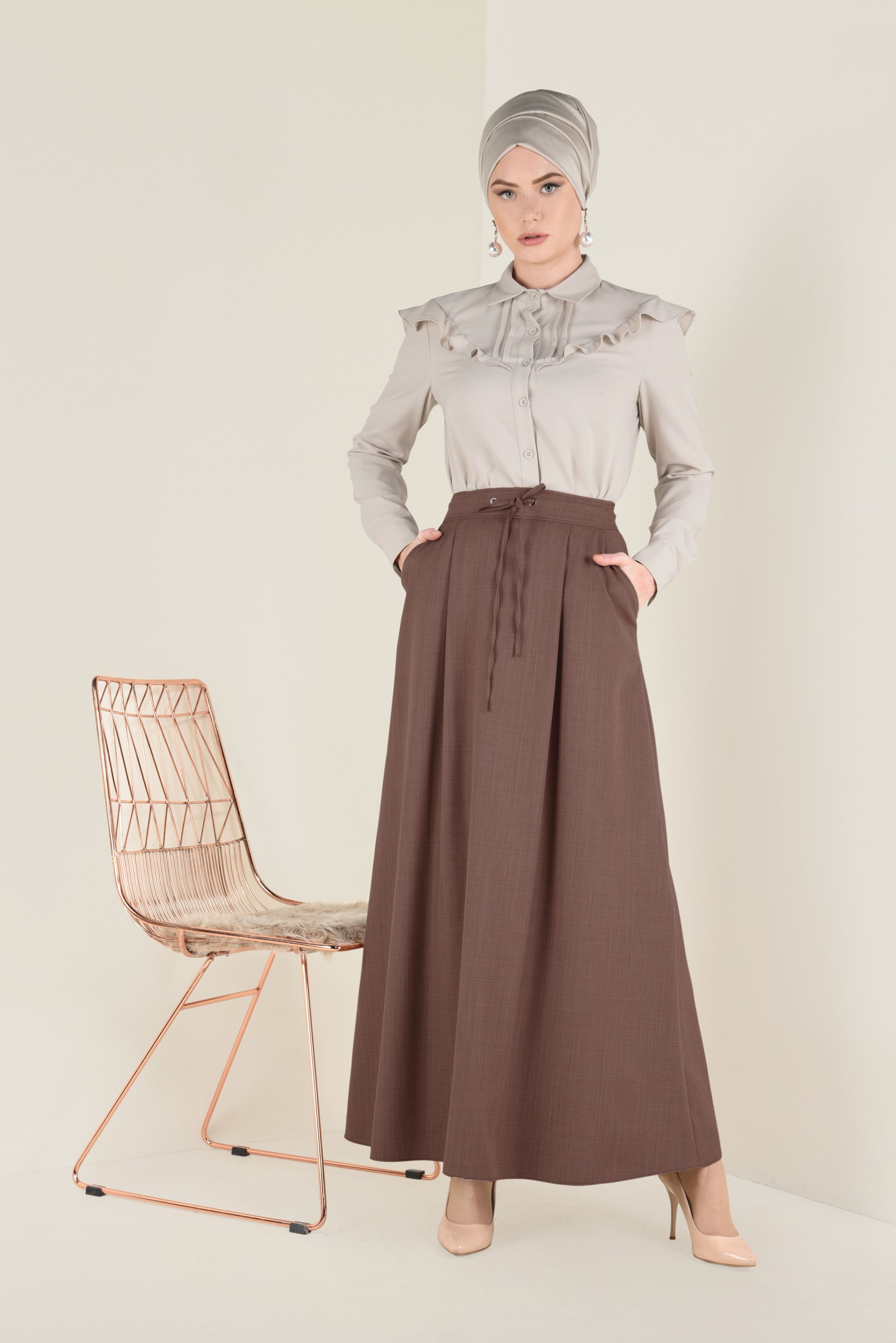 Tesettür giyim KAHVE BAĞCIK DETAYLI A KESİM ETEK 6266
