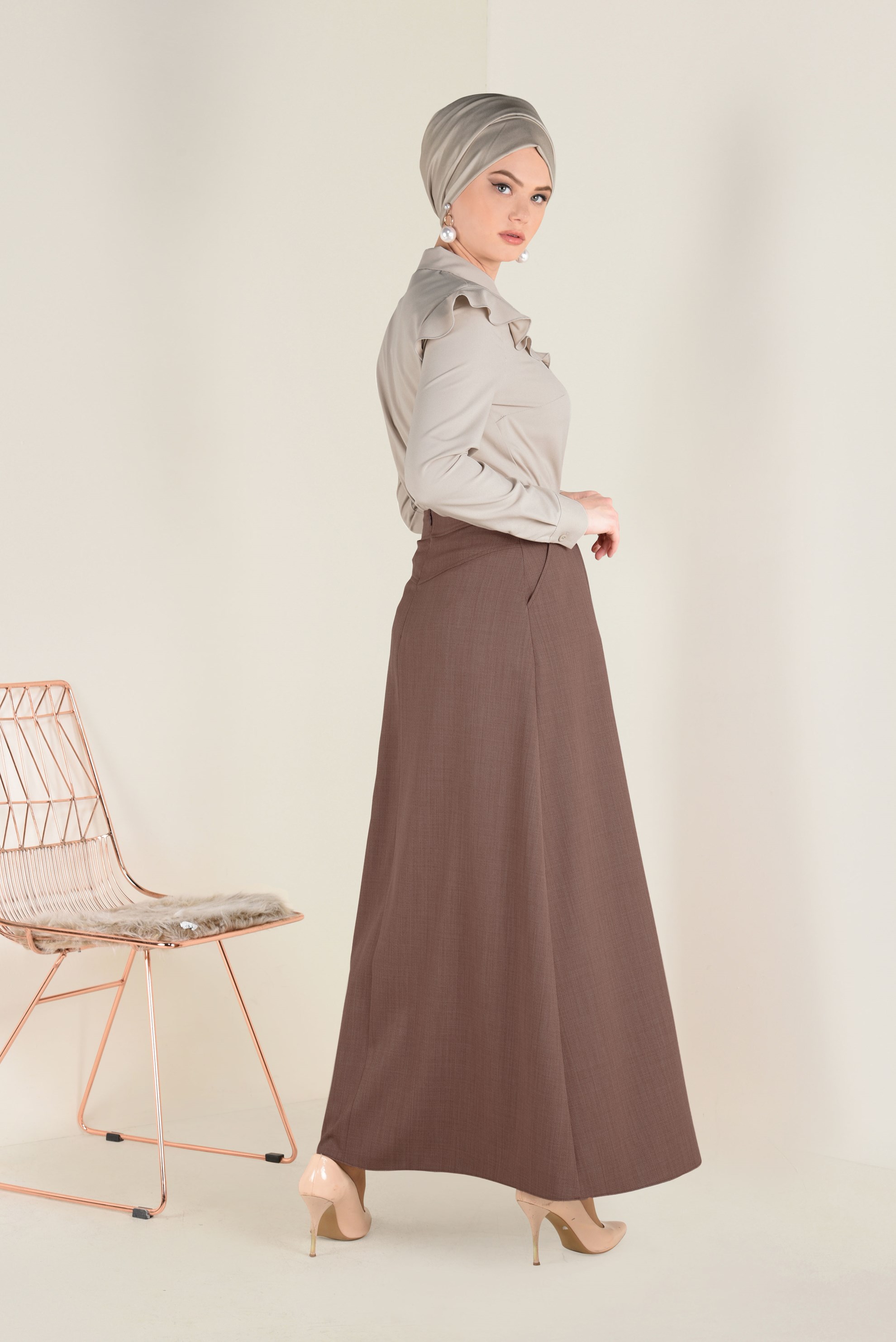 Tesettür giyim KAHVE BAĞCIK DETAYLI A KESİM ETEK 6266
