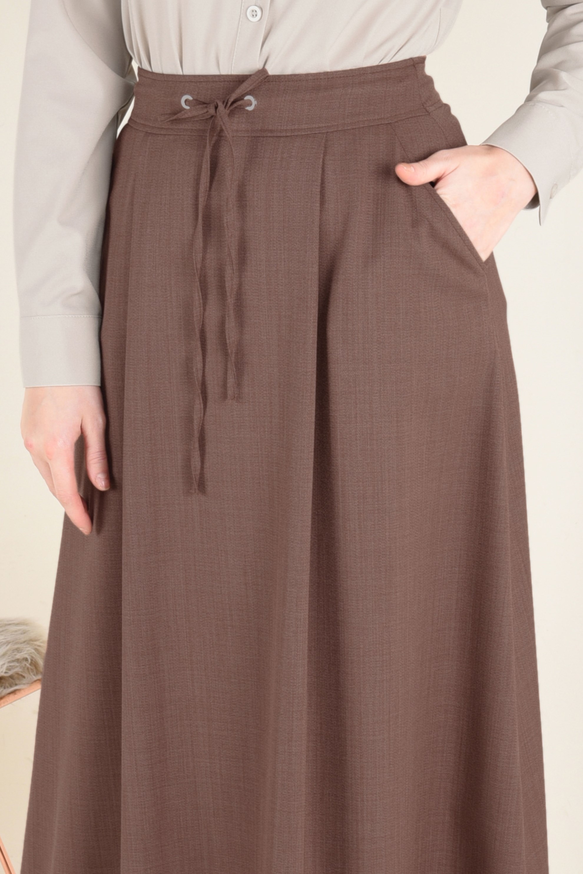 Tesettür giyim KAHVE BAĞCIK DETAYLI A KESİM ETEK 6266