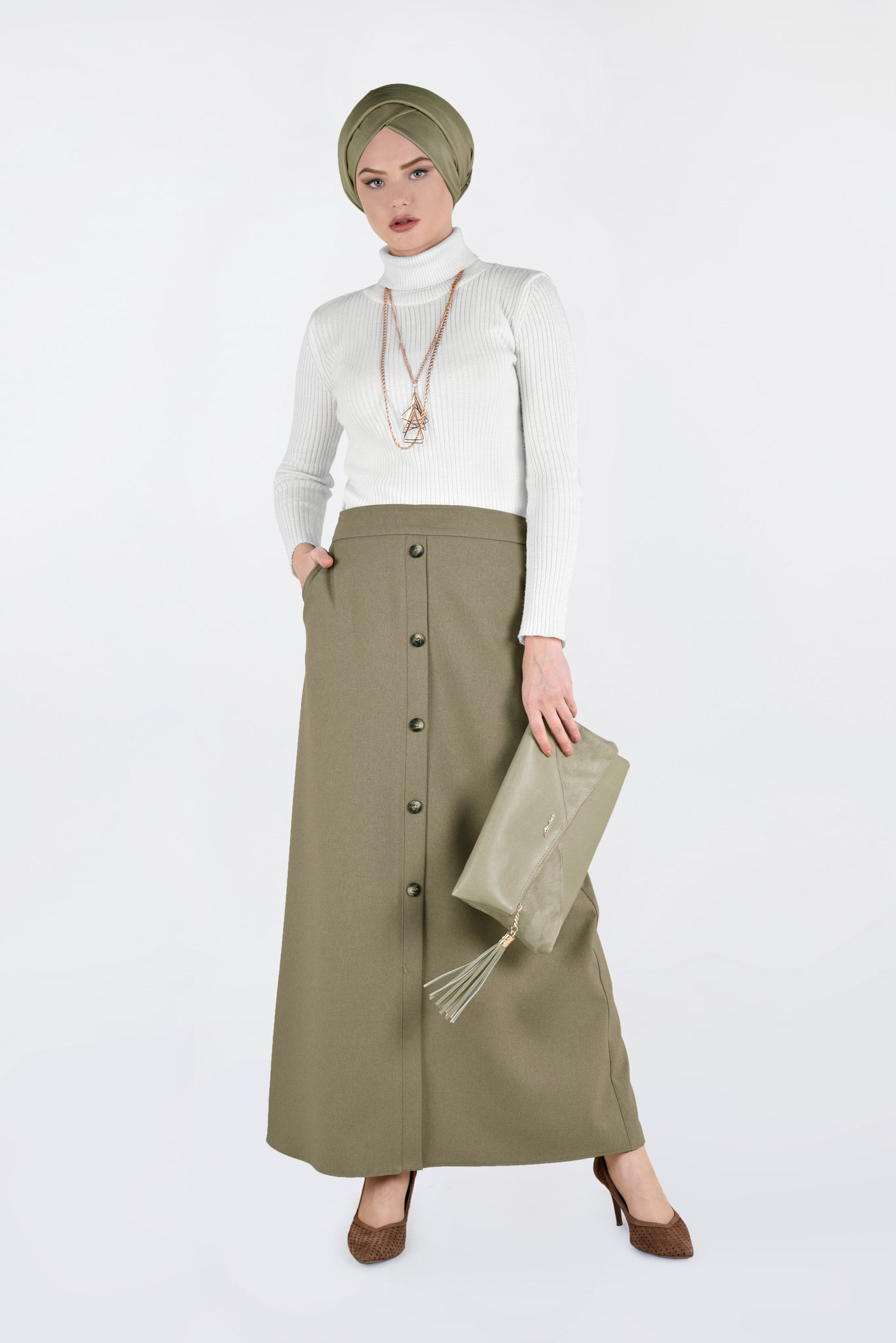 Tesettür giyim BEJ DÜĞME DETAYLI ETEK 6267