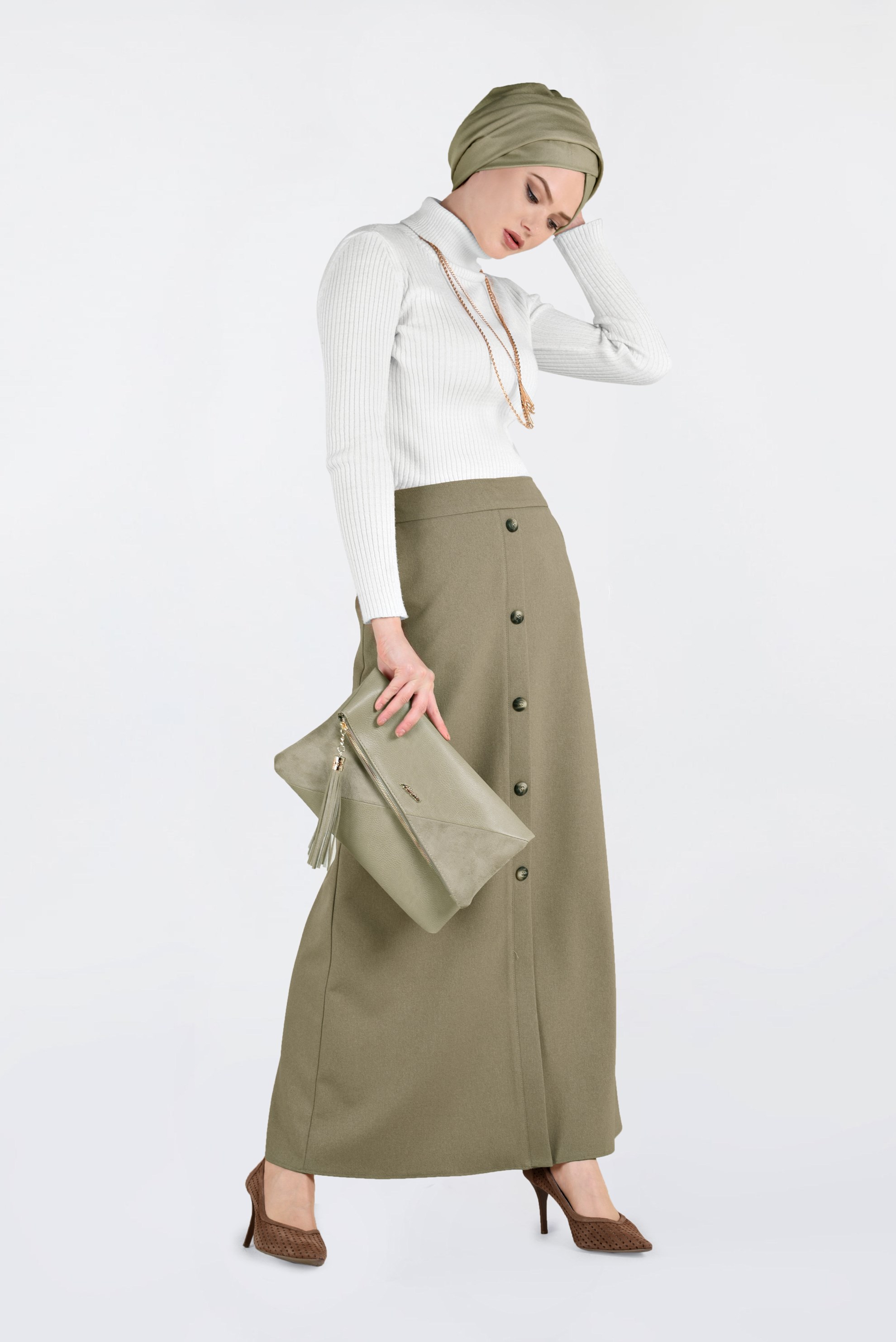 Tesettür giyim BEJ DÜĞME DETAYLI ETEK 6267