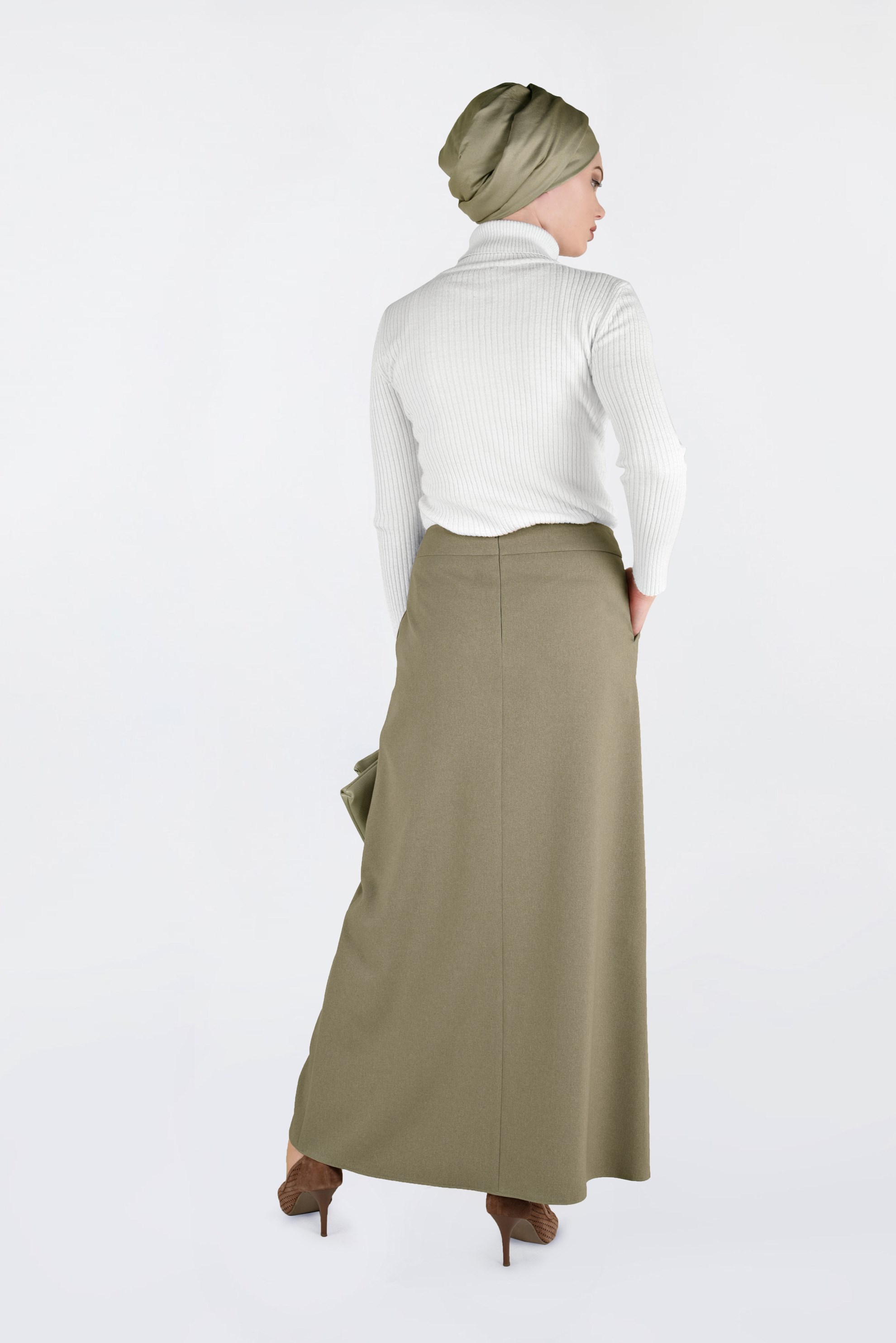 Tesettür giyim BEJ DÜĞME DETAYLI ETEK 6267