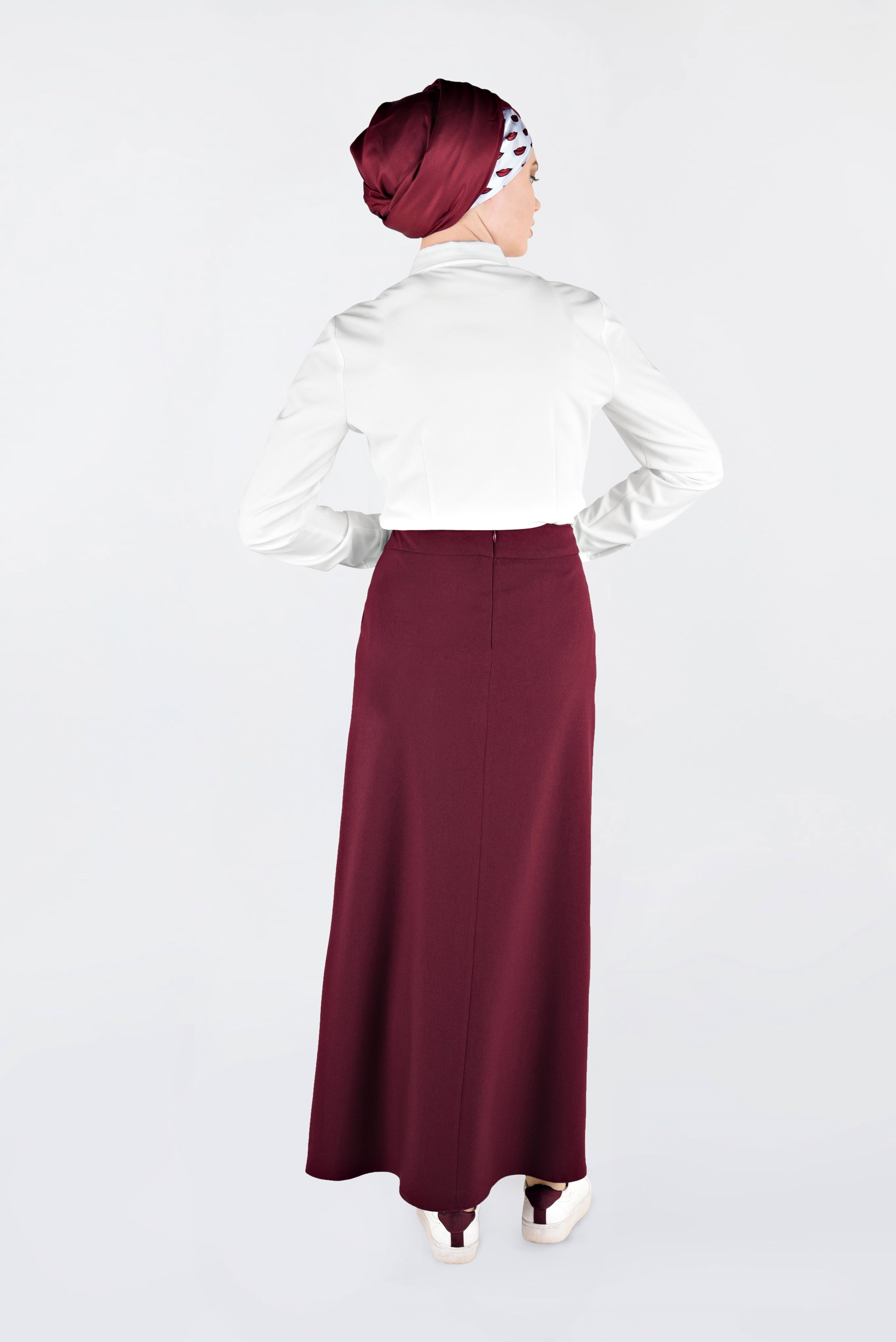 Tesettür giyim BORDO DÜĞME DETAYLI ETEK 6267