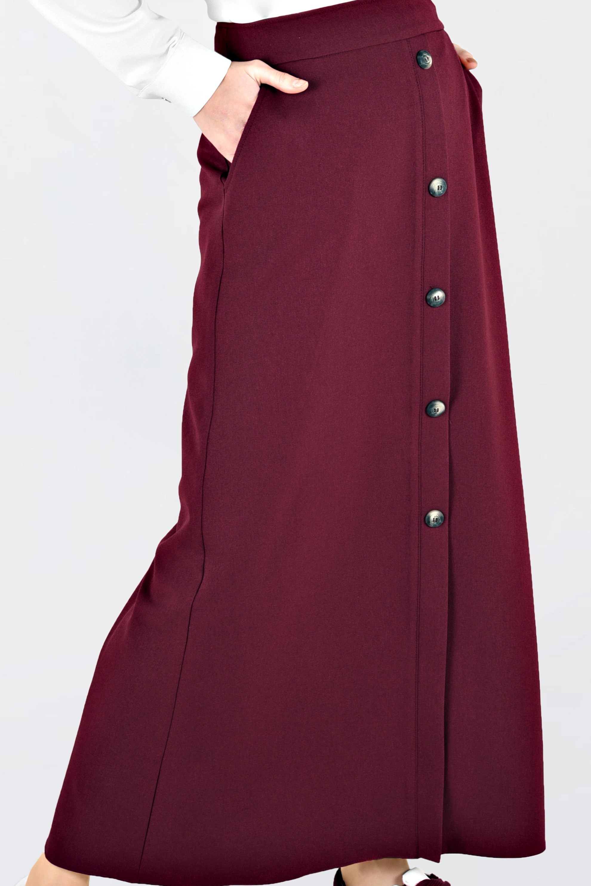 Tesettür giyim BORDO DÜĞME DETAYLI ETEK 6267