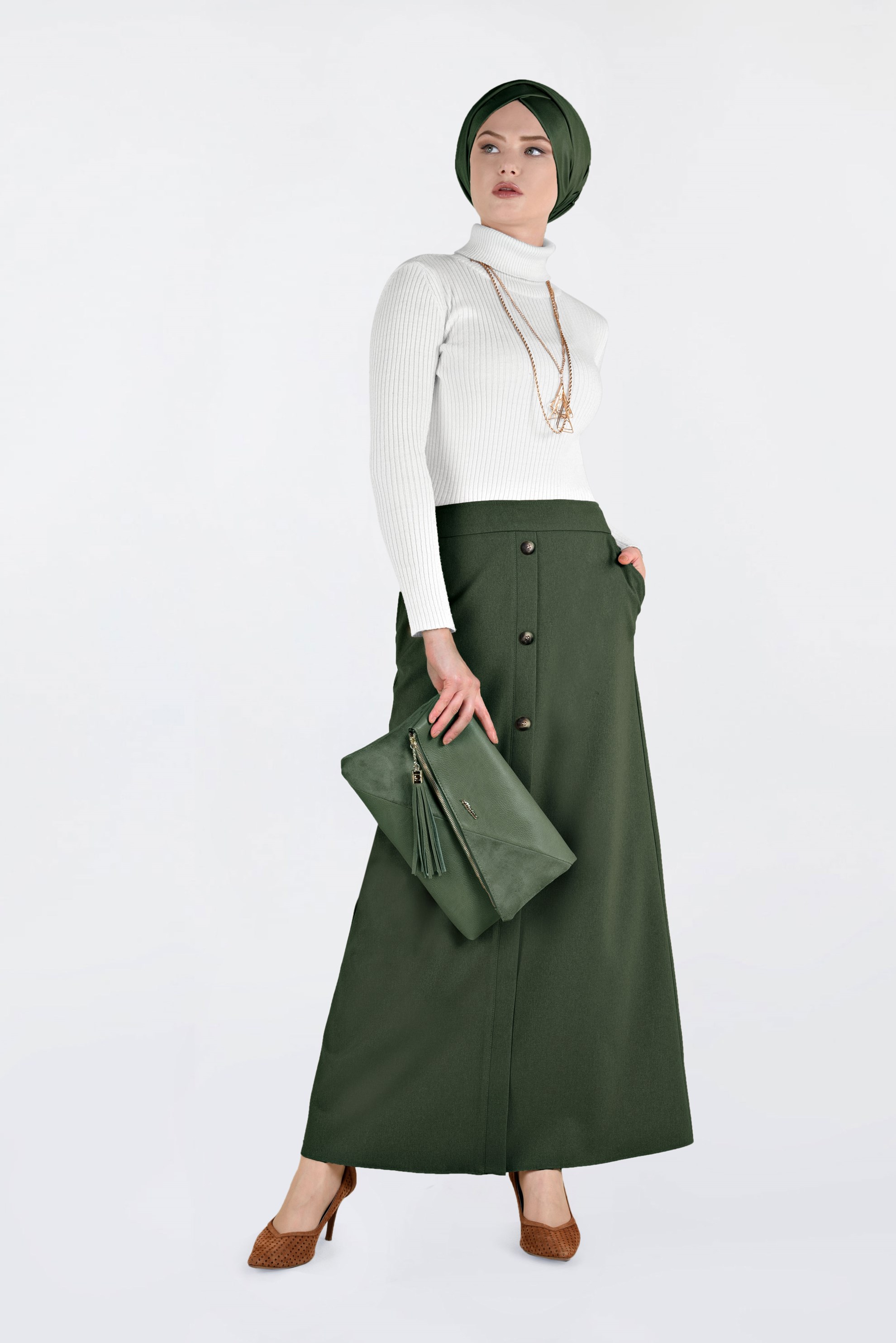 Tesettür giyim HAKİ DÜĞME DETAYLI ETEK 6267