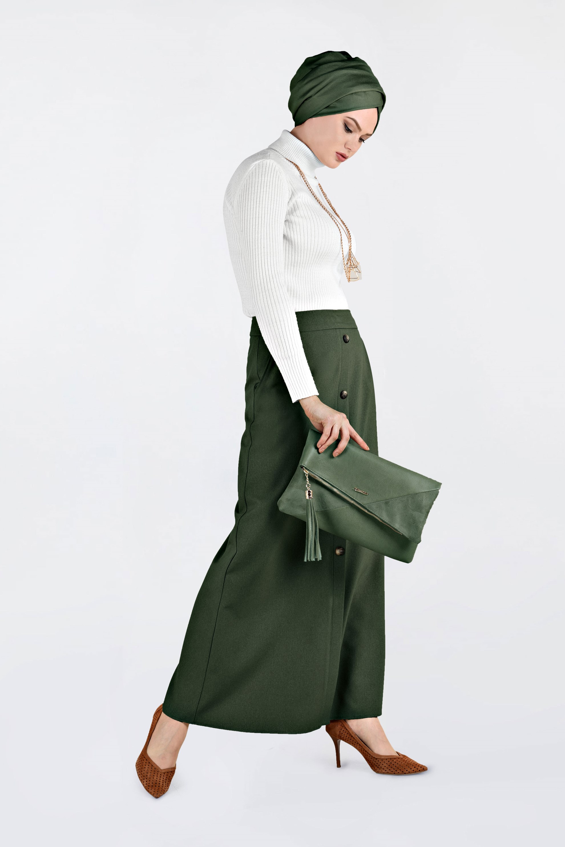 Tesettür giyim HAKİ DÜĞME DETAYLI ETEK 6267