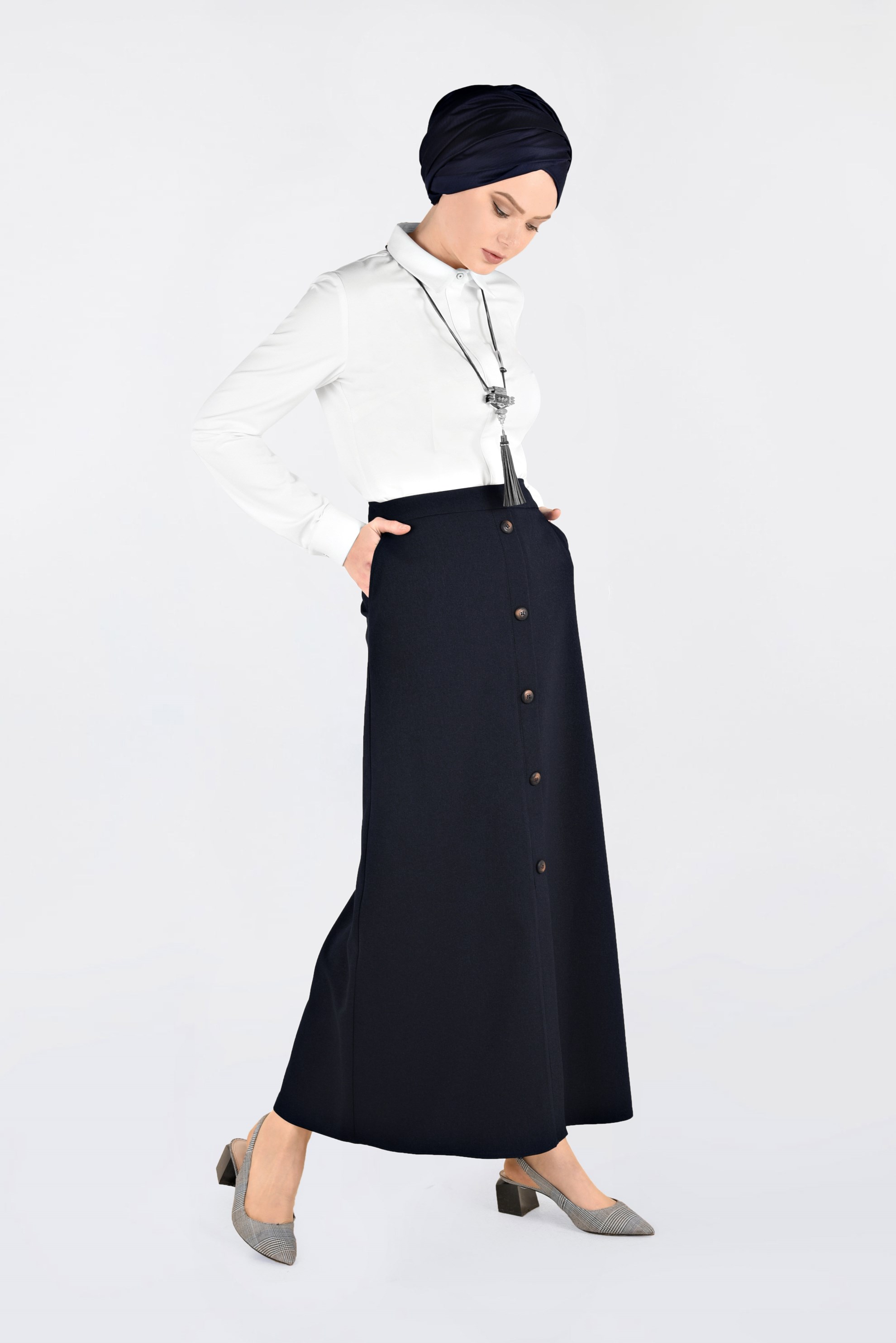 Tesettür giyim LACİVERT DÜĞME DETAYLI ETEK 6267
