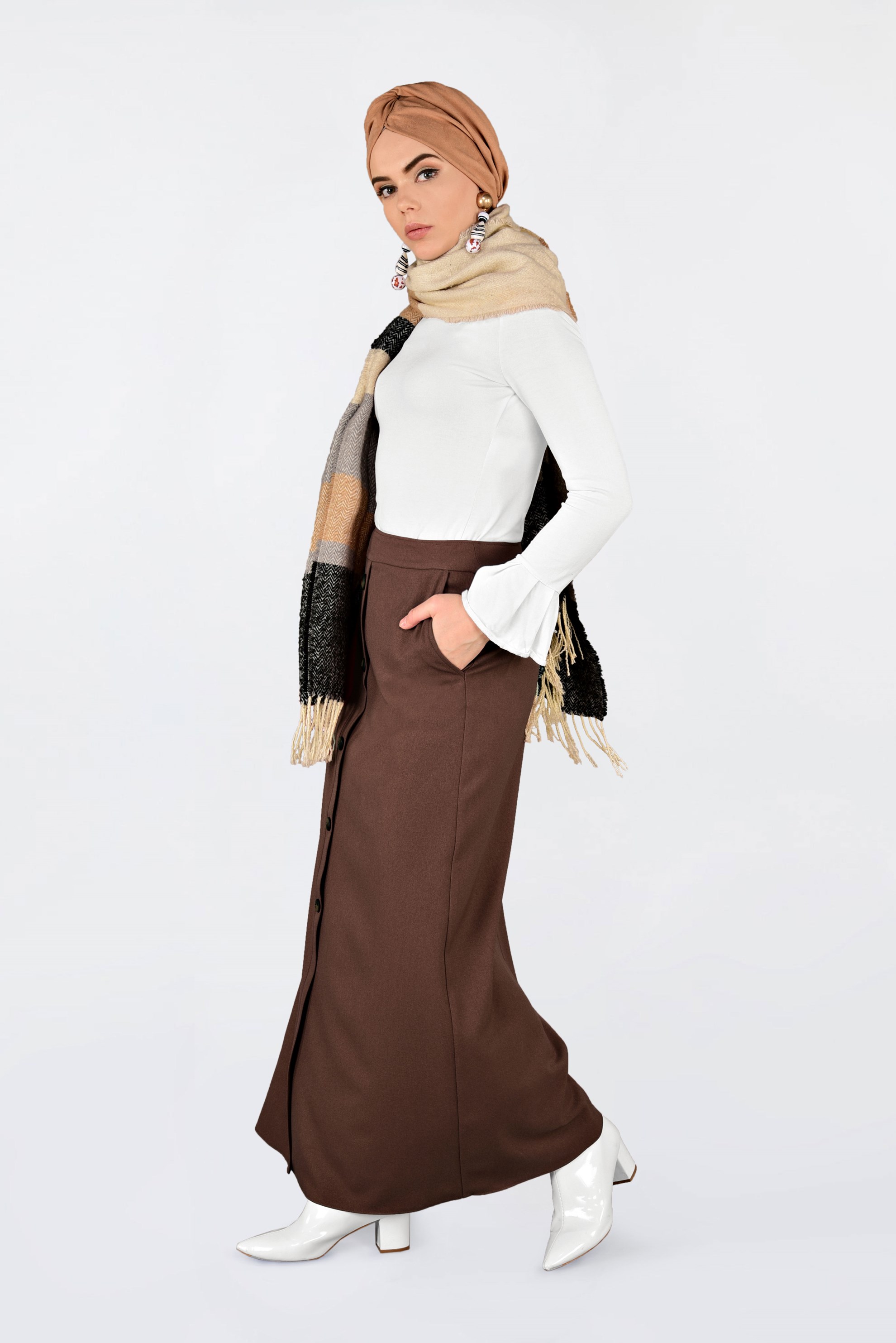 Tesettür giyim TABA DÜĞME DETAYLI ETEK 6267