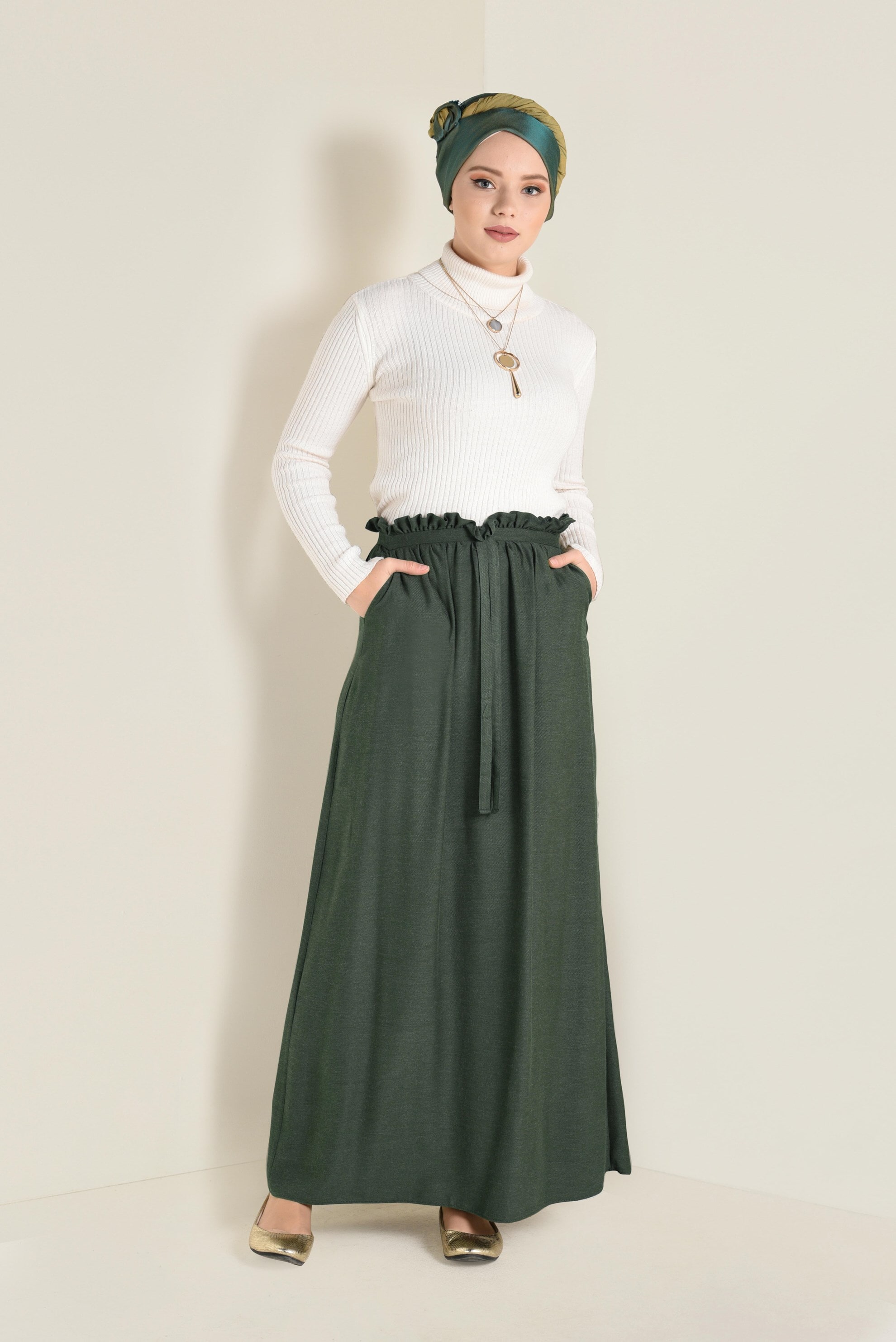 Tesettür giyim HAKİ BELİ LASTİKLİ VE KUŞAKLI ETEK  6268