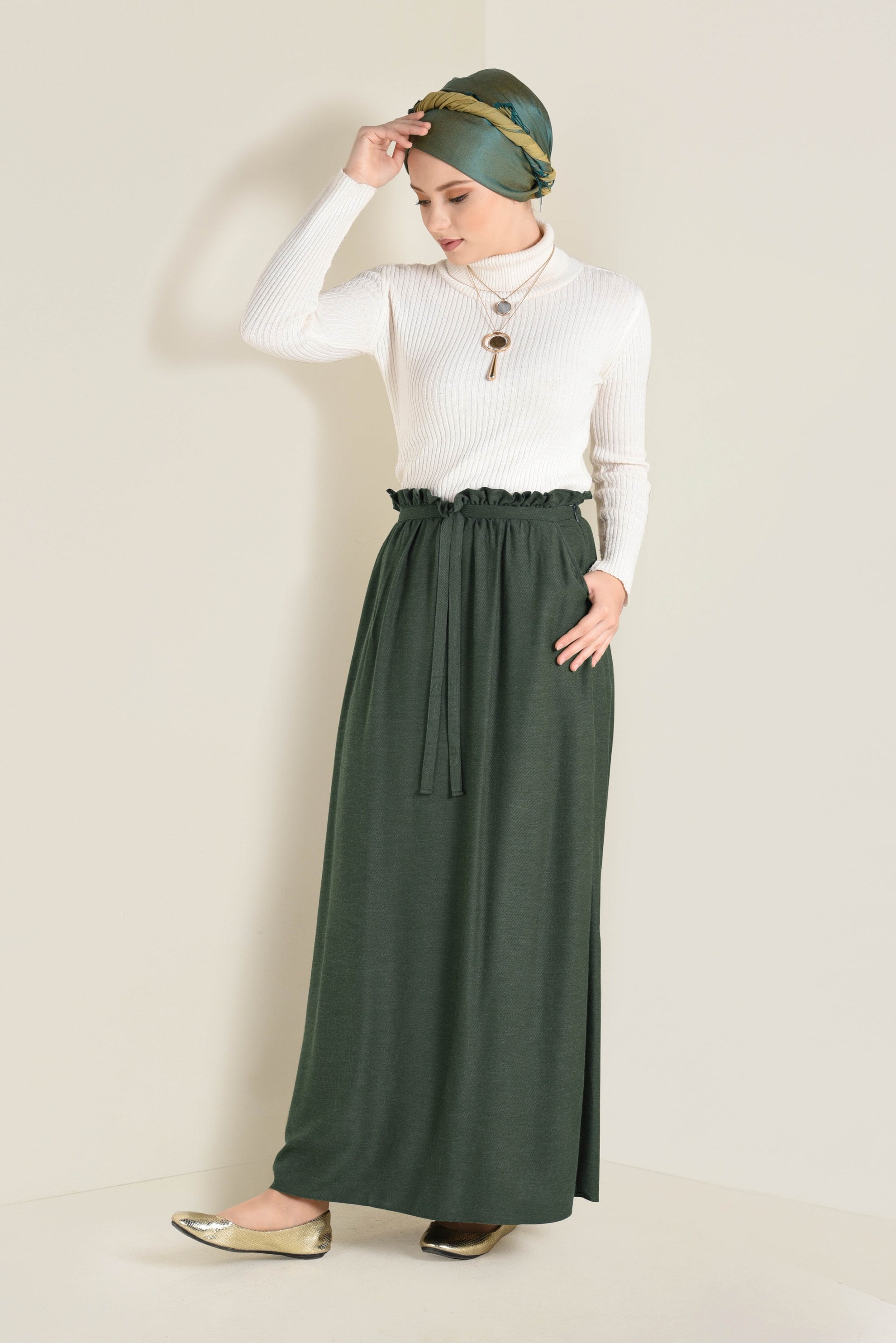 Tesettür giyim HAKİ BELİ LASTİKLİ VE KUŞAKLI ETEK  6268