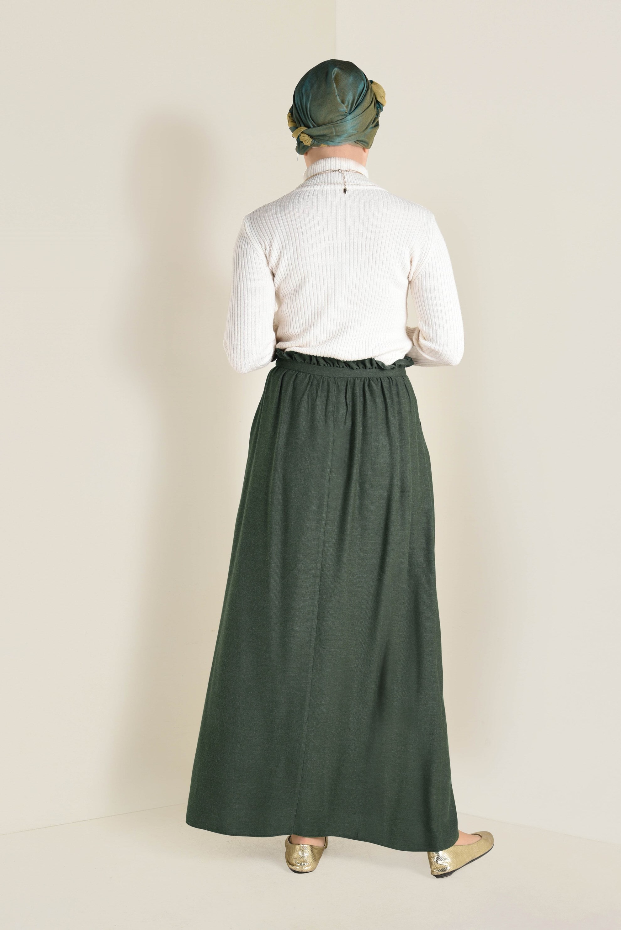 Tesettür giyim HAKİ BELİ LASTİKLİ VE KUŞAKLI ETEK  6268